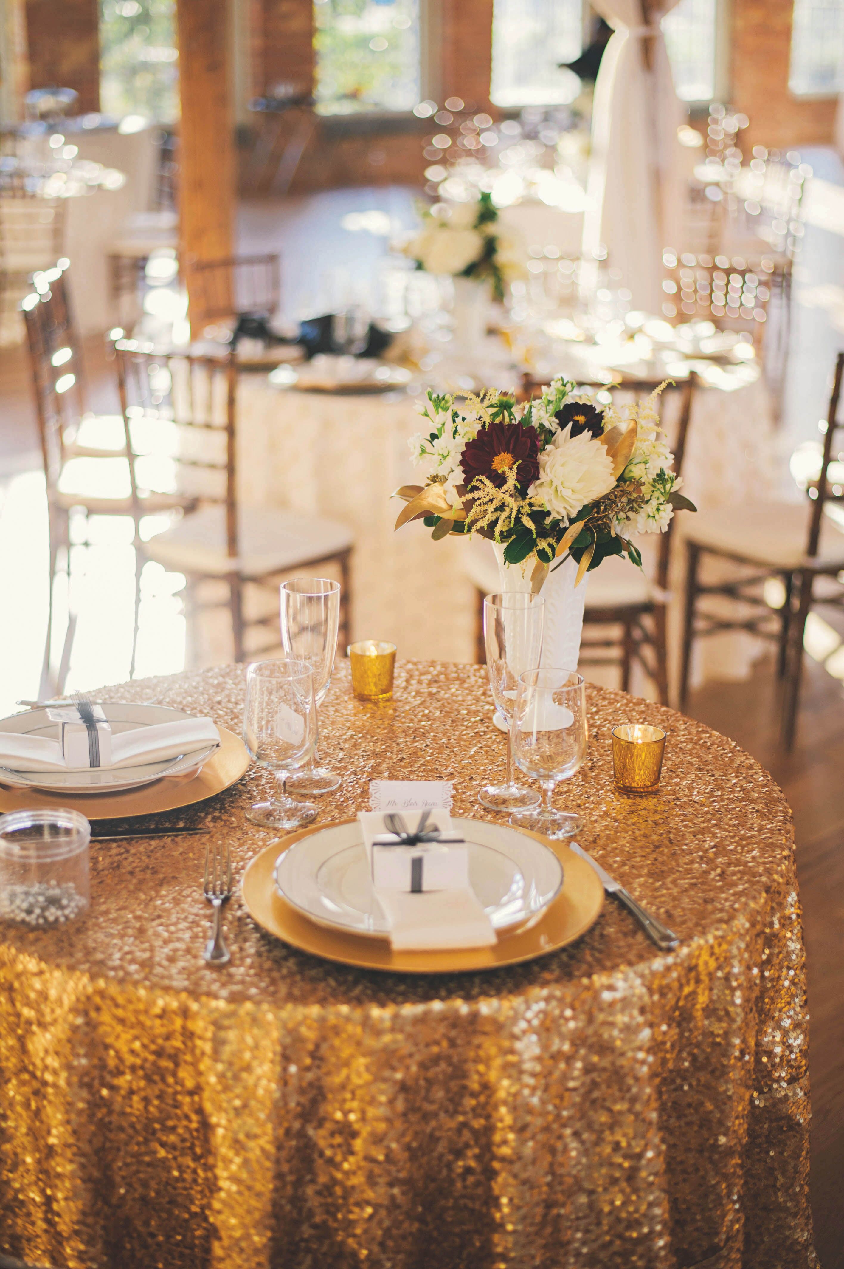 Gold Sequined Linen Sweetheart Table Decor