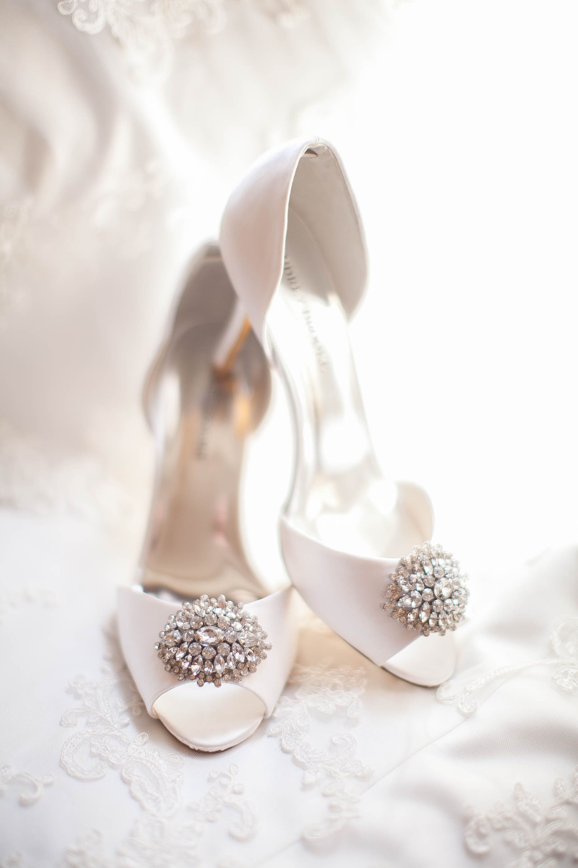 White Peep-Toe Heels With Brooch