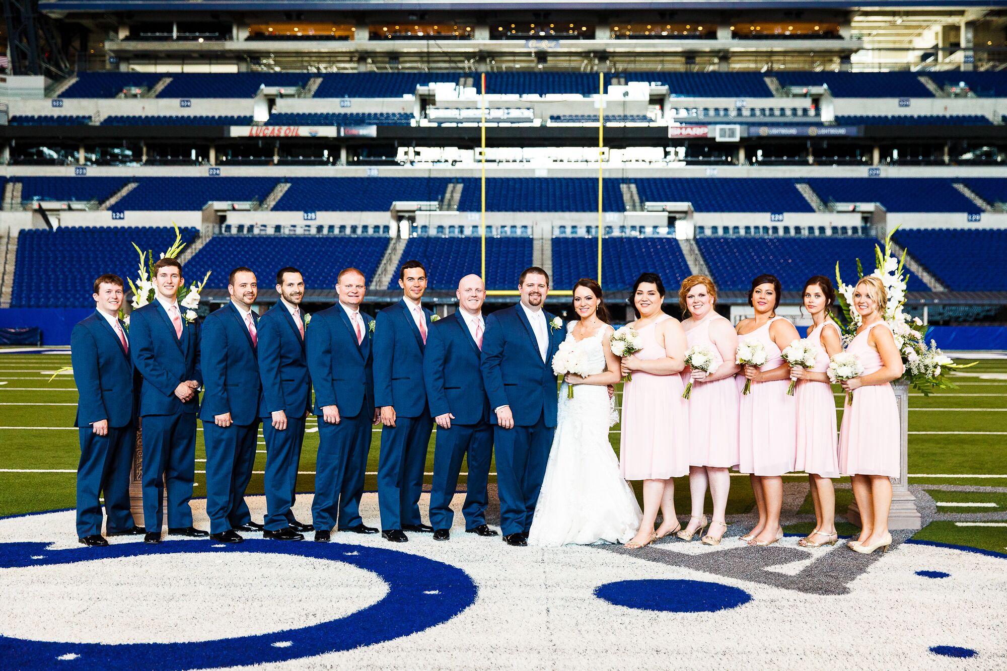 pink bridesmaids blue groomsmen