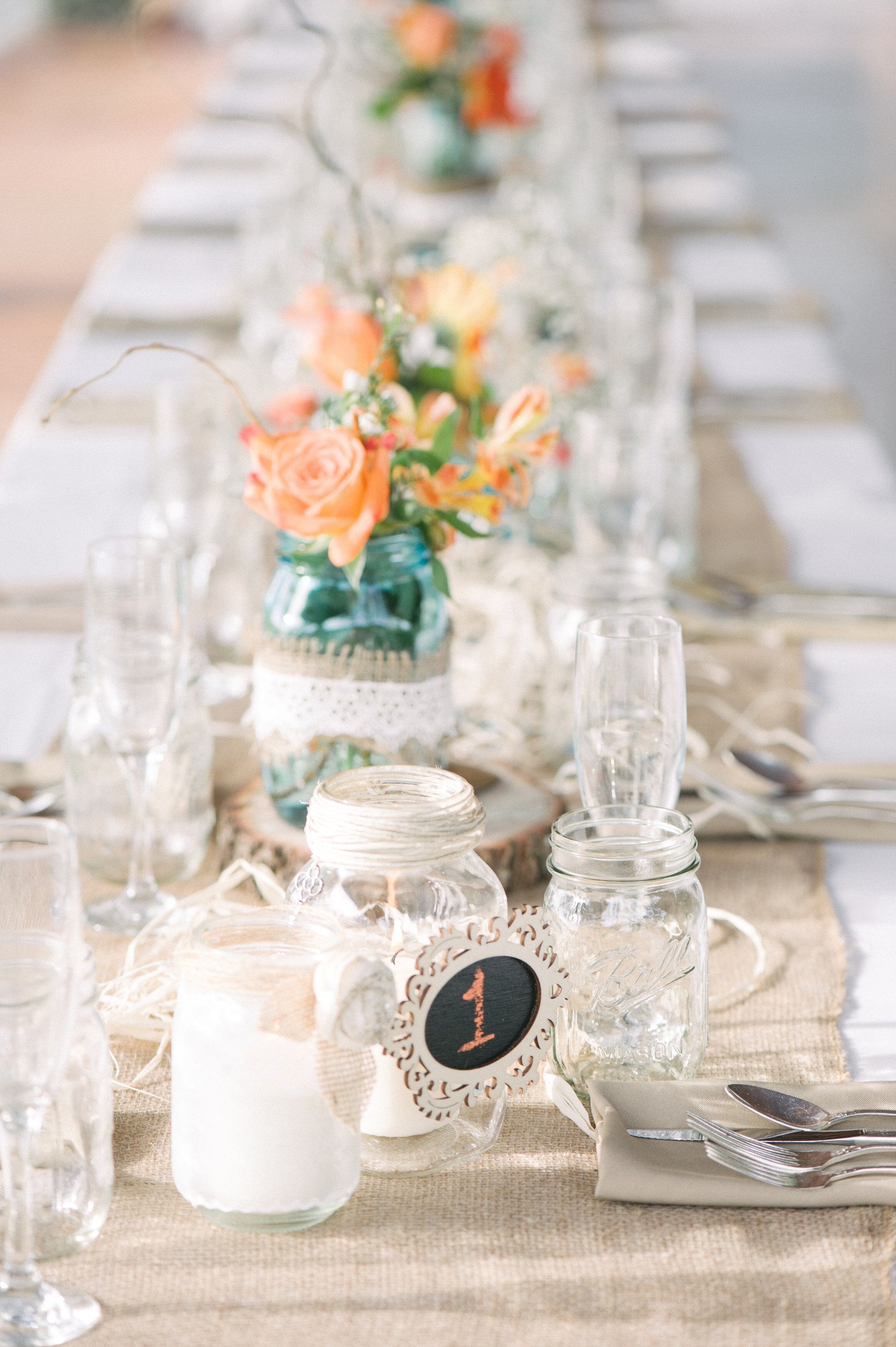 Mason Jar Centerpieces and Table Numbers