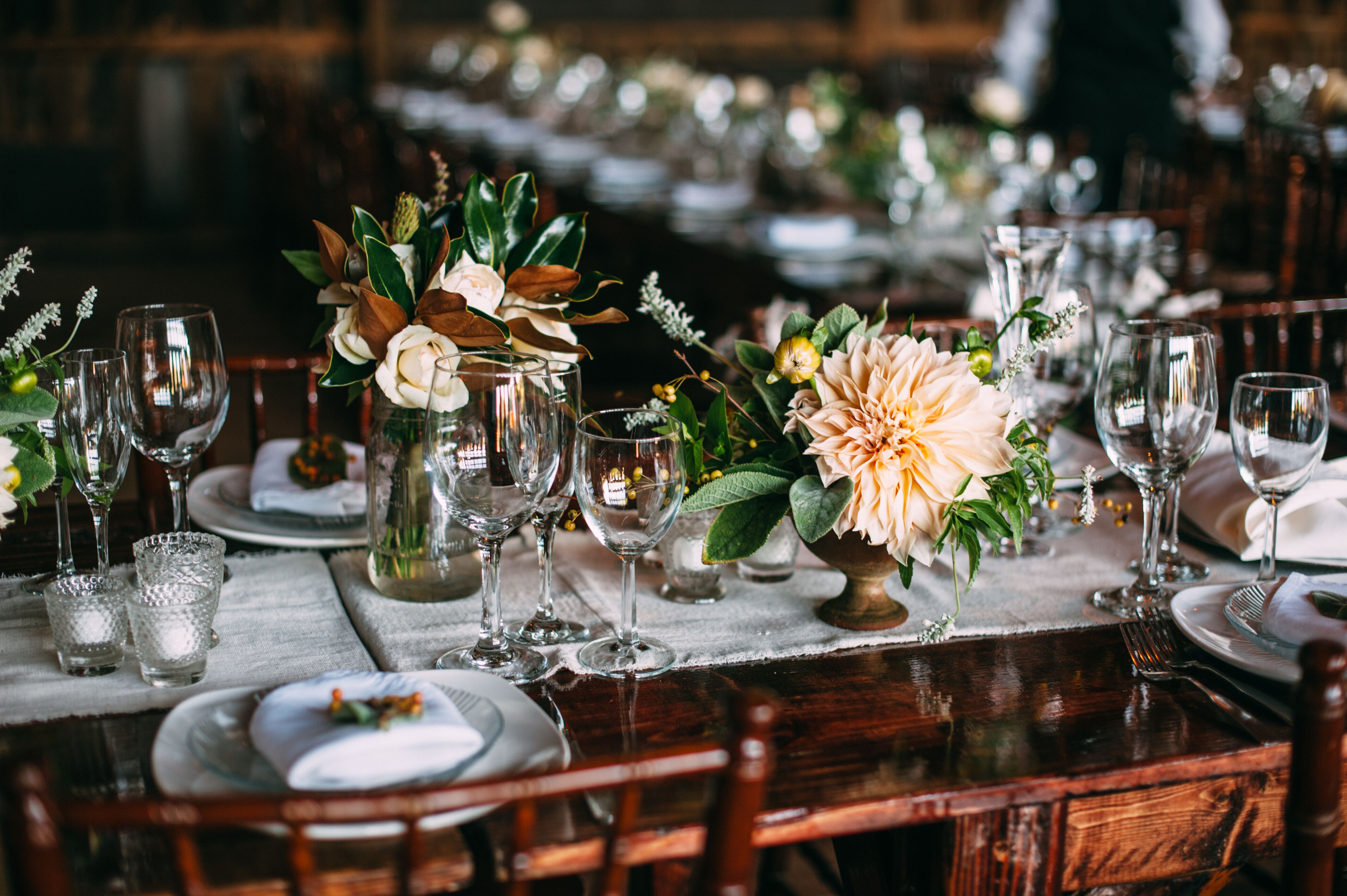 Centerpieces with Dinner Plate Dahlias, Roses and Magnolia 