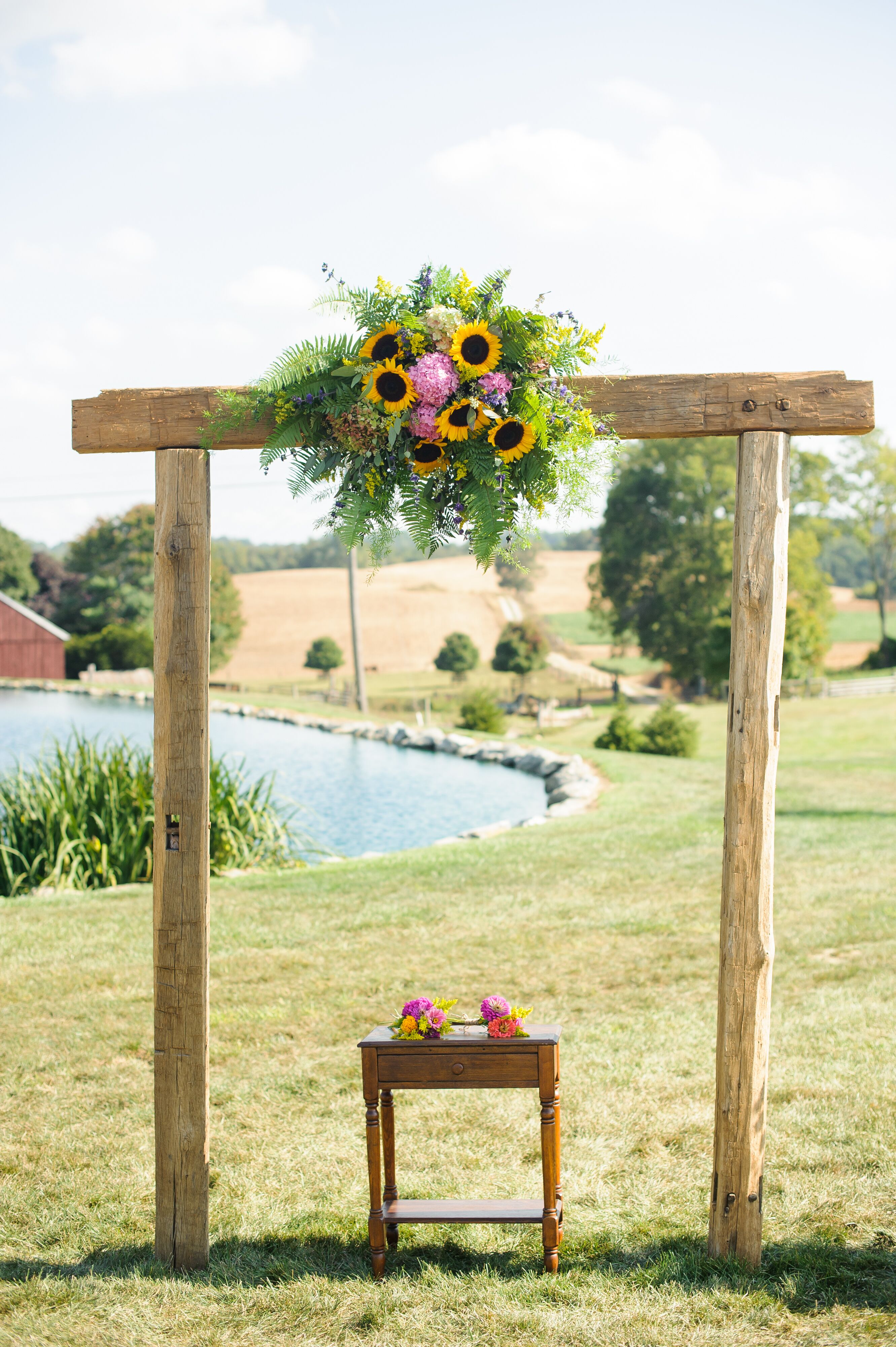 Wooden Wedding Arch with Sunflowers Pink Hydrangeas and 