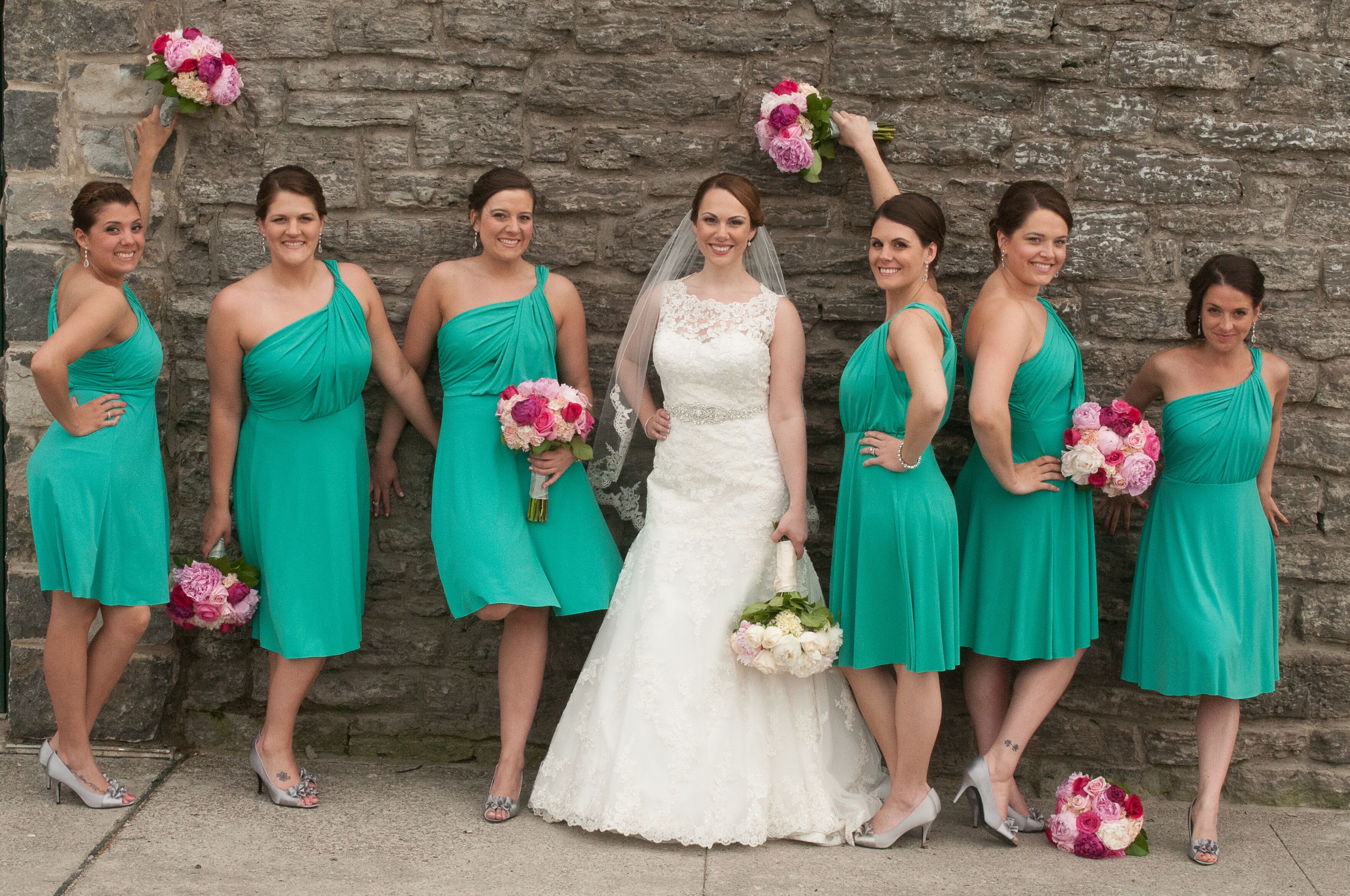 Teal and outlet pink bridesmaid dresses