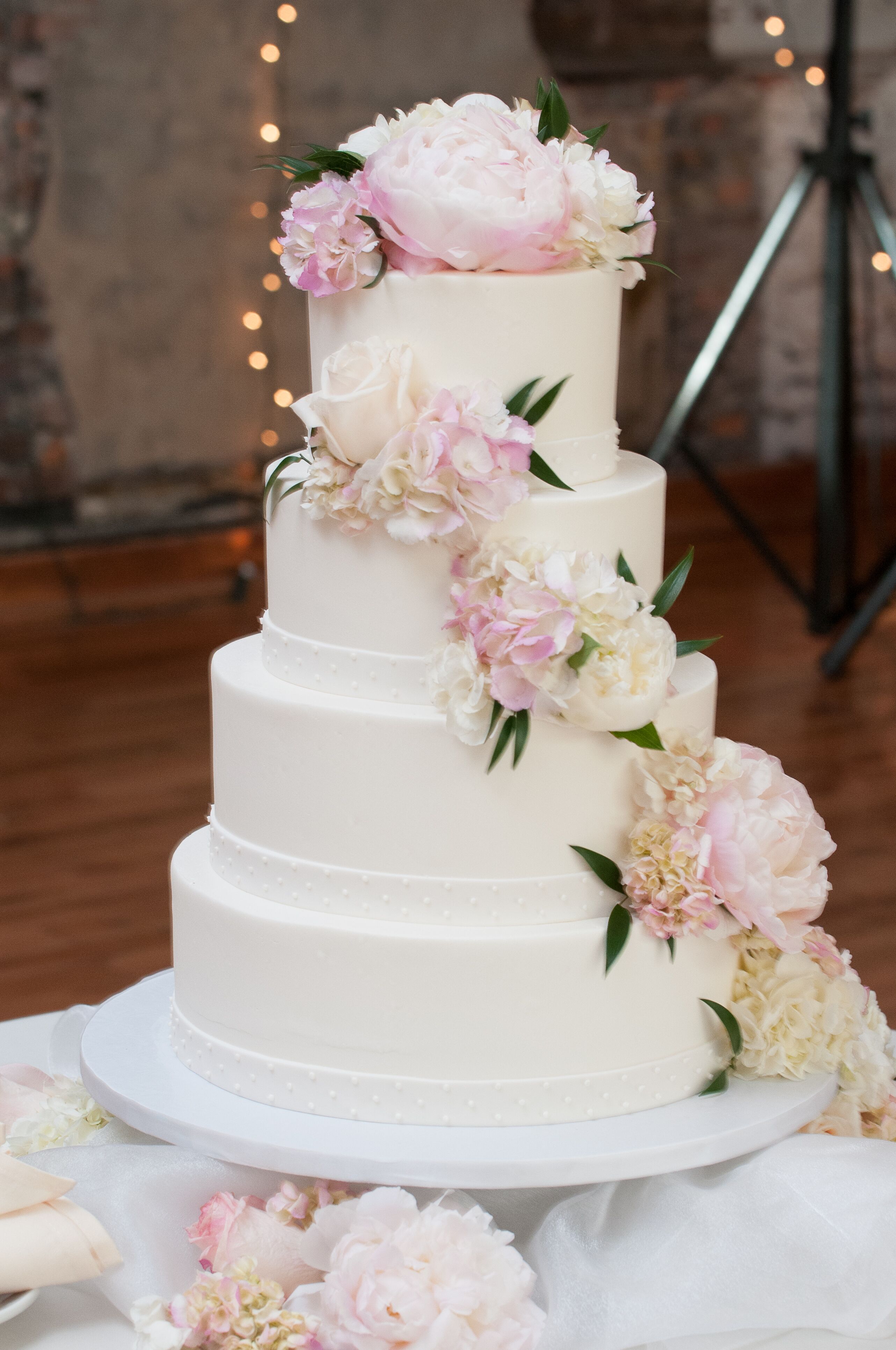 Classic White Wedding Cake with Pink Peonies