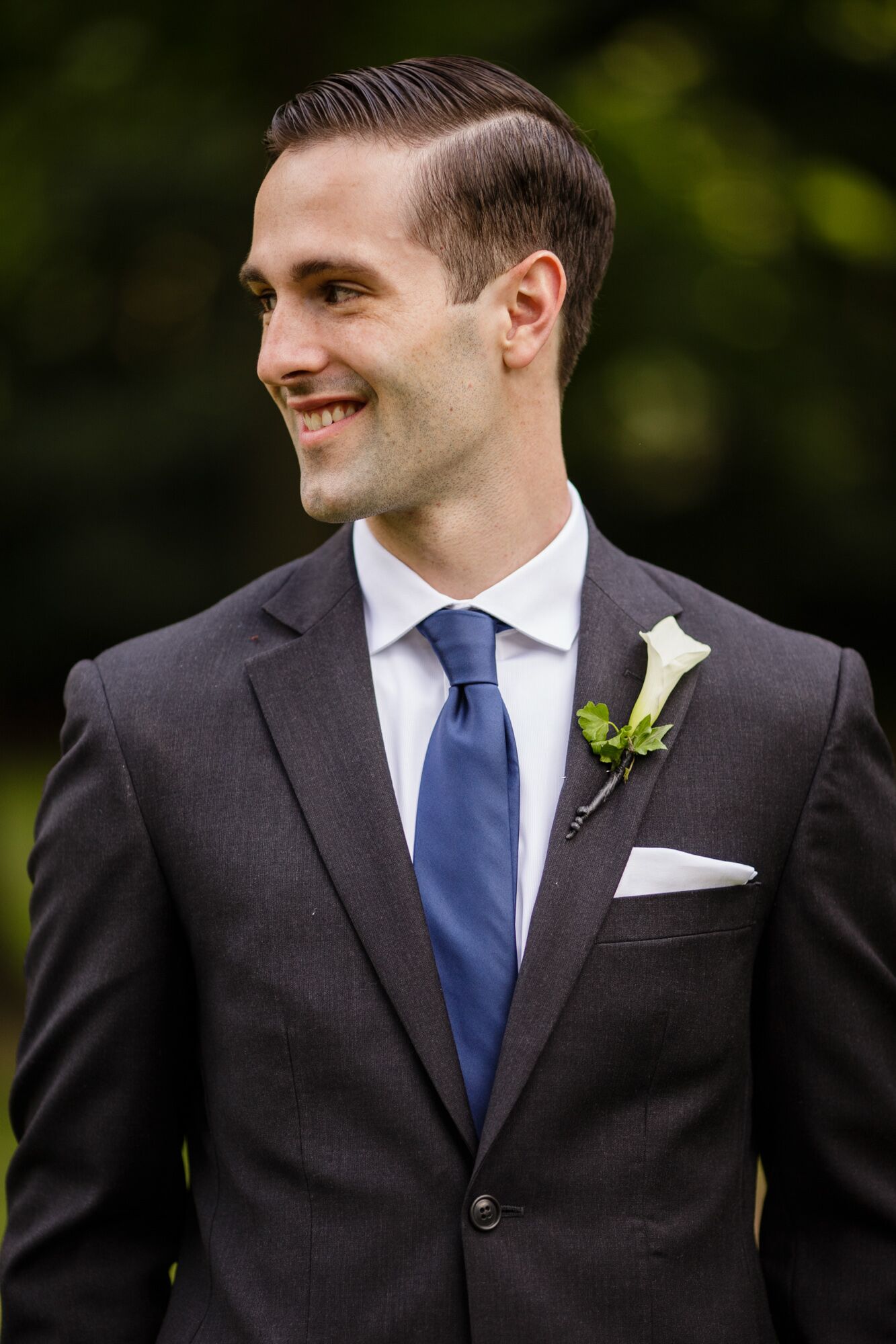 Charcoal Suit With White Calla Lily Boutonniere