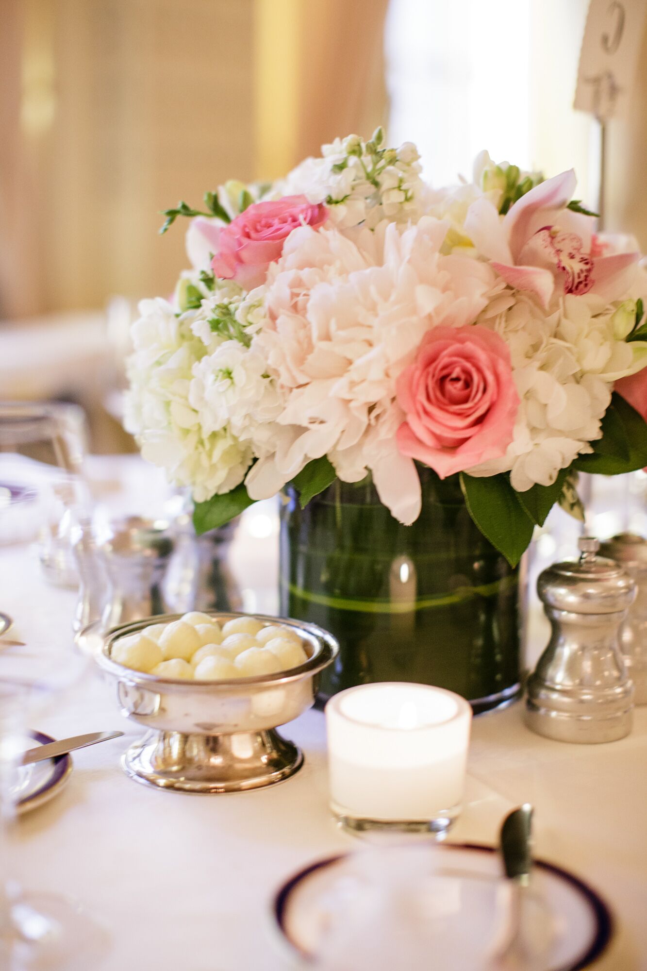 Rose, Orchid, And White Hydrangea Centerpiece