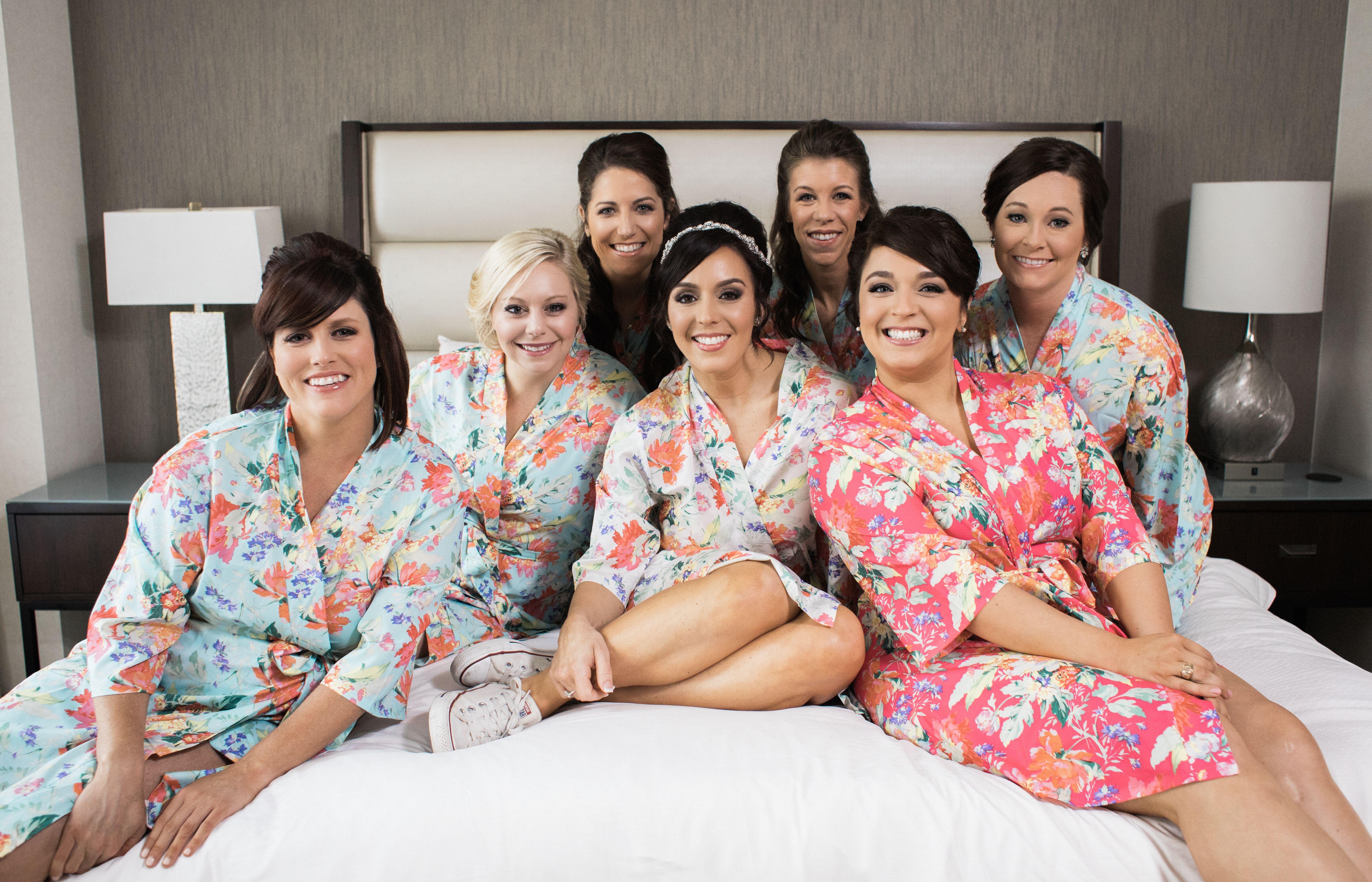 Bride and Bridesmaids in Pink and Blue Floral Robes