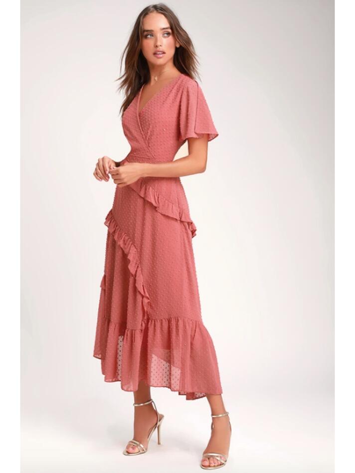 Roze trapsgewijze wrap maxi jurk met Zwitserse stippen