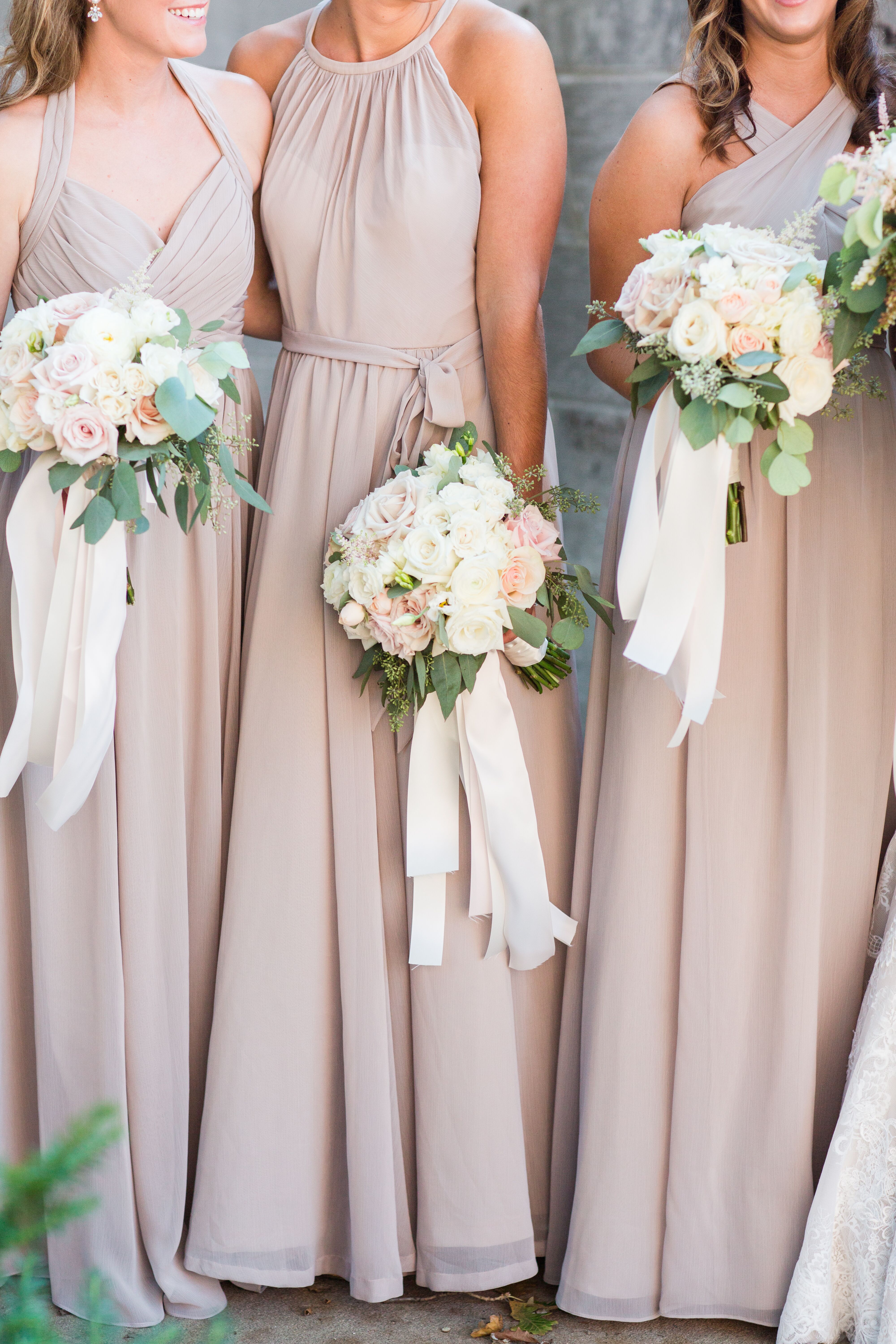 Wedding Party in Neutral Chiffon Dresses with Rose, Baby's Breath and ...