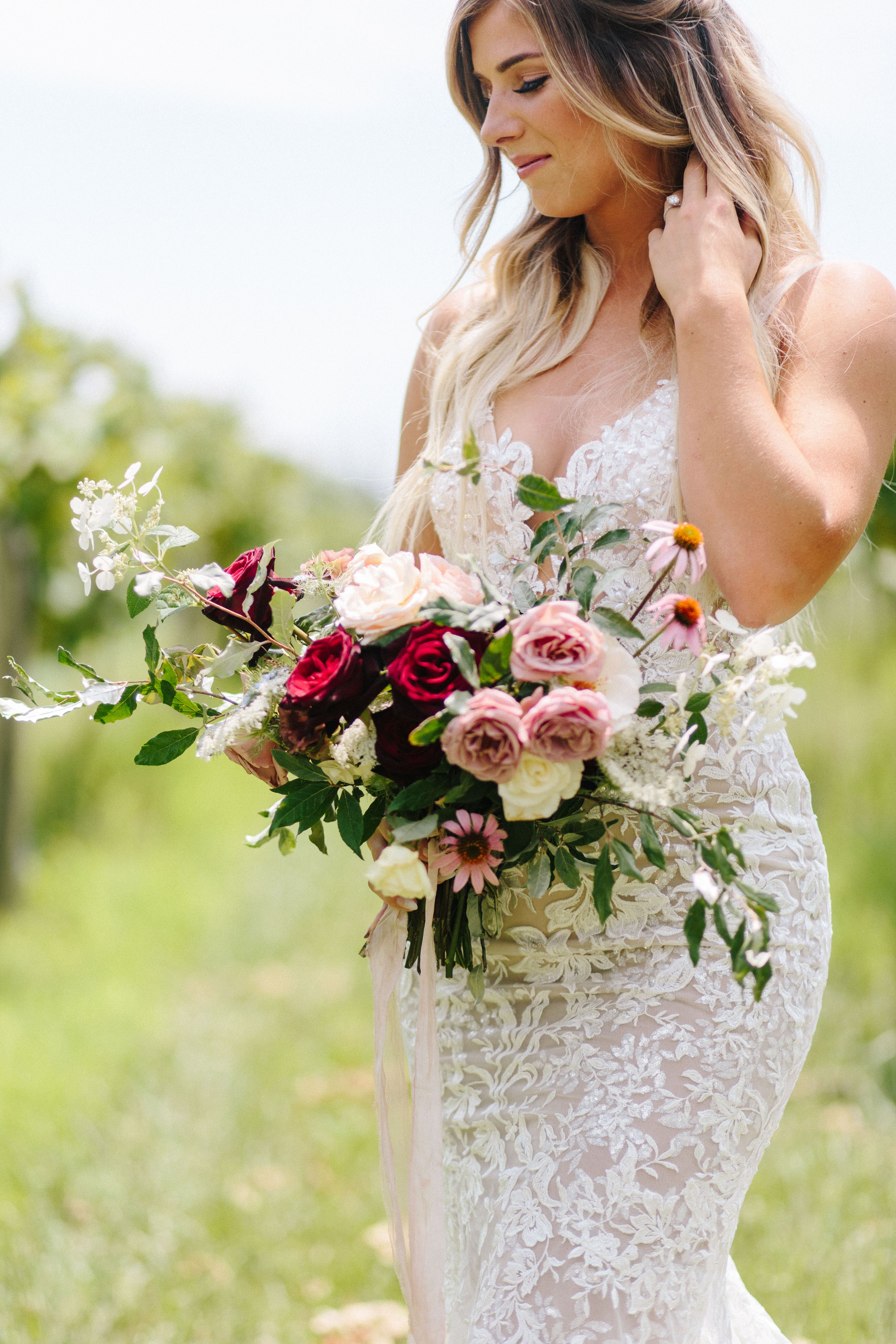 Hand-Tied Rose, Queen Anne's Lace and Purple Coneflower Bouquet