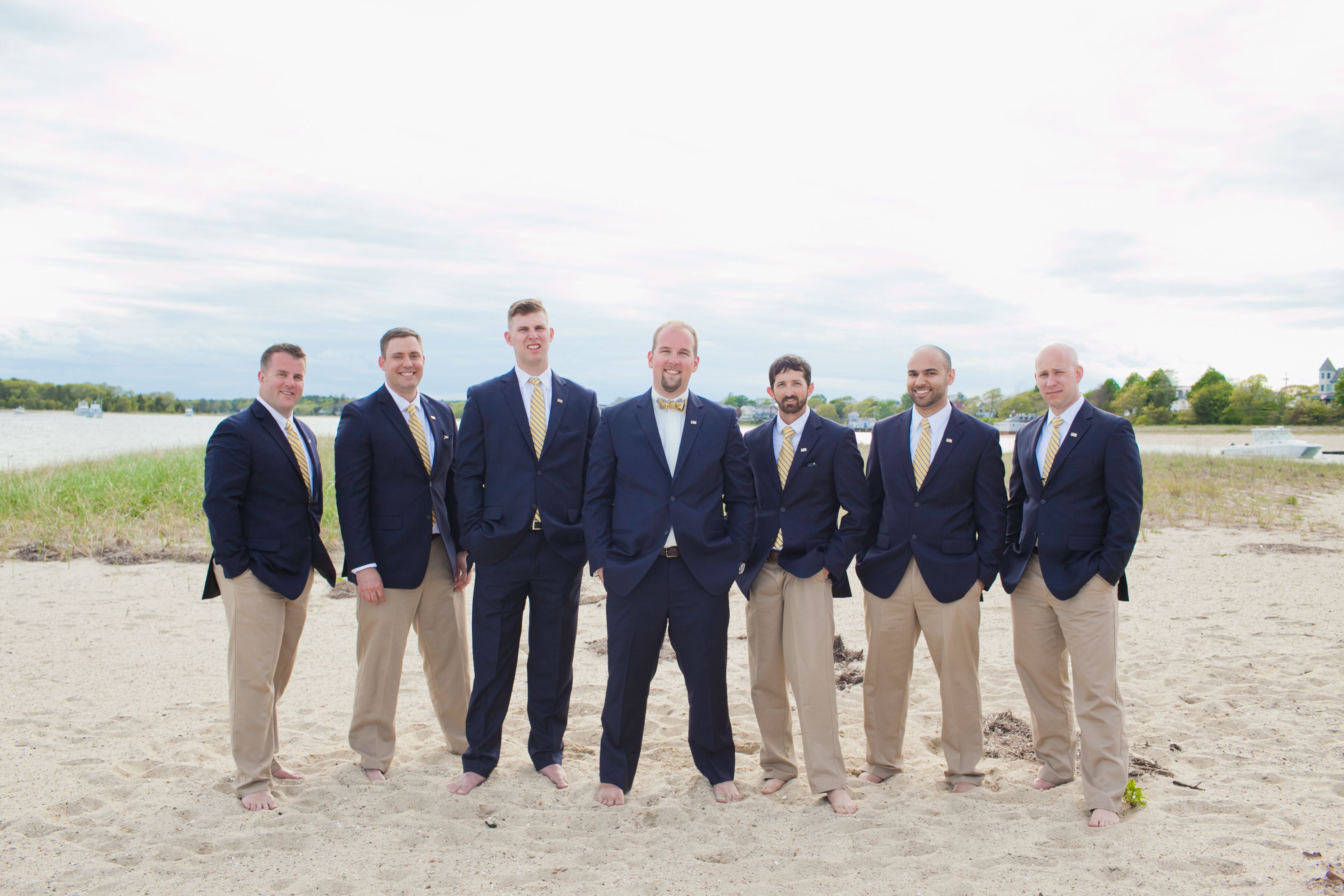 Groomsmen in Navy Jackets and Beige Pants