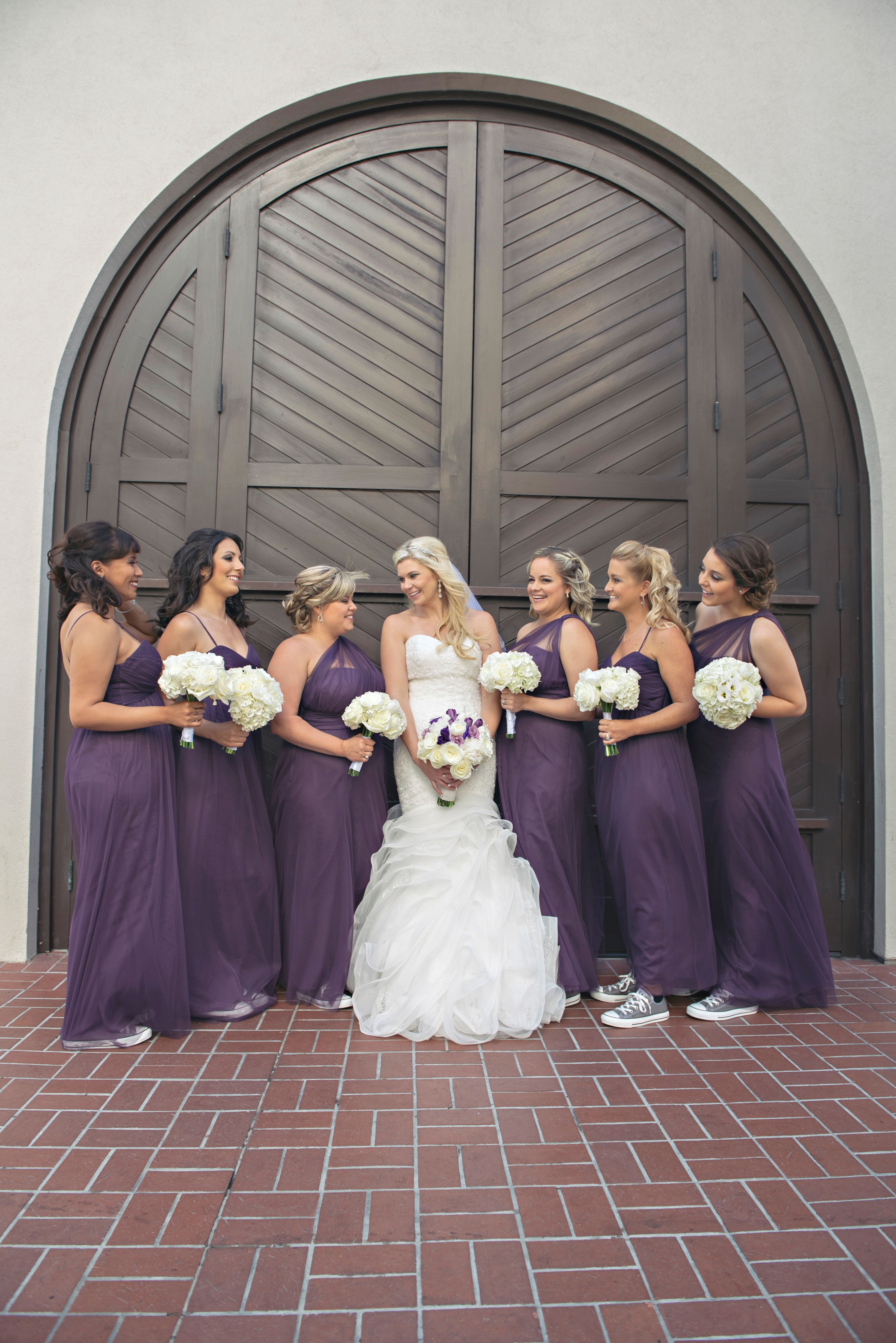 The Bridesmaids in Plum Bobbinet Dresses and Gray Converse