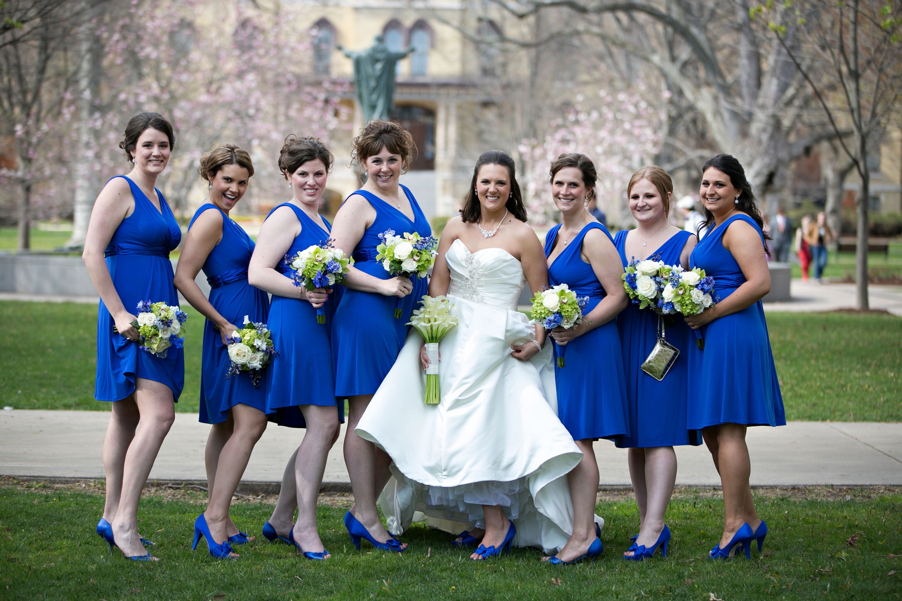 Royal blue knee shop length bridesmaid dresses