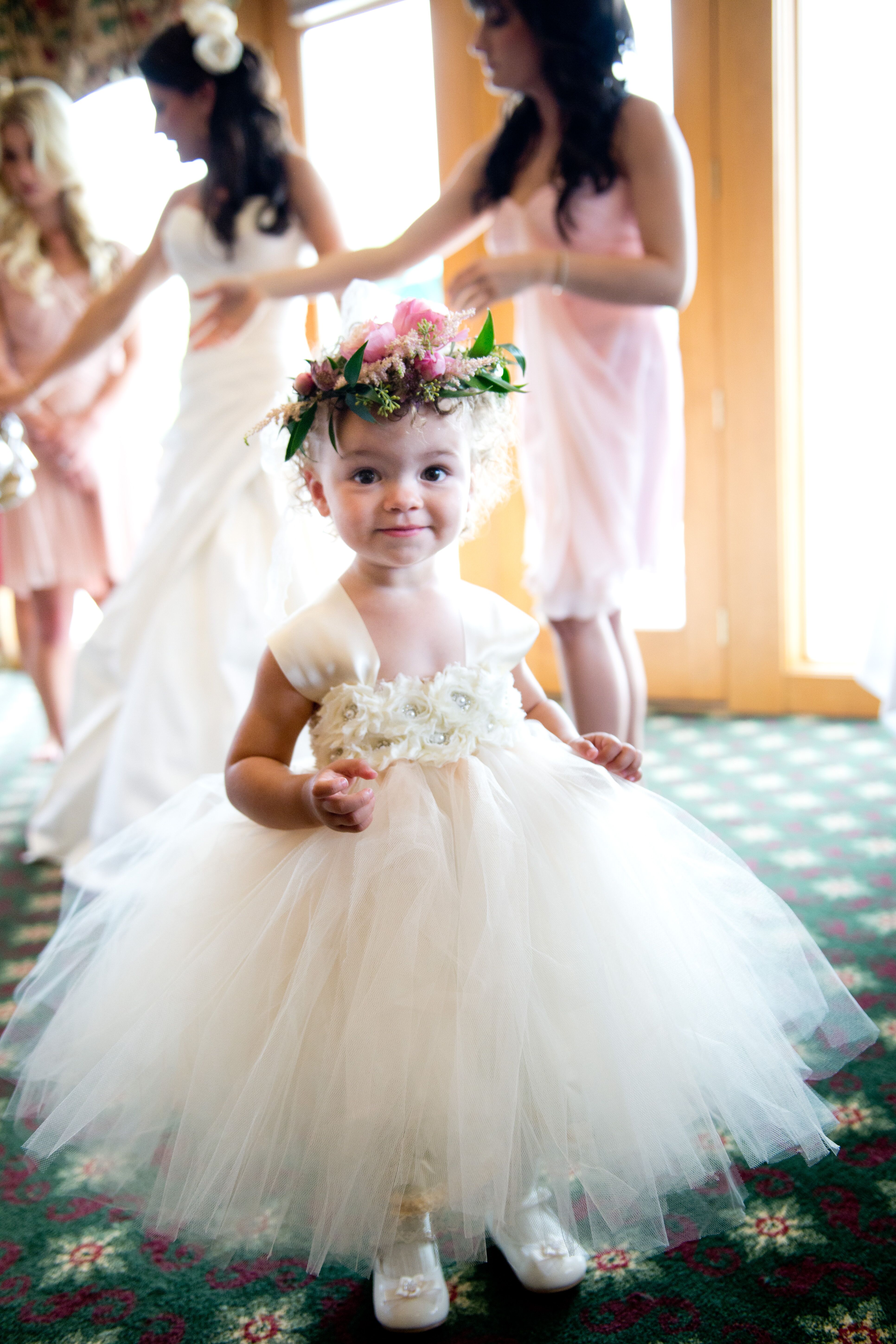 White Tulle Flower Girl Dress with Pink Flower Crown