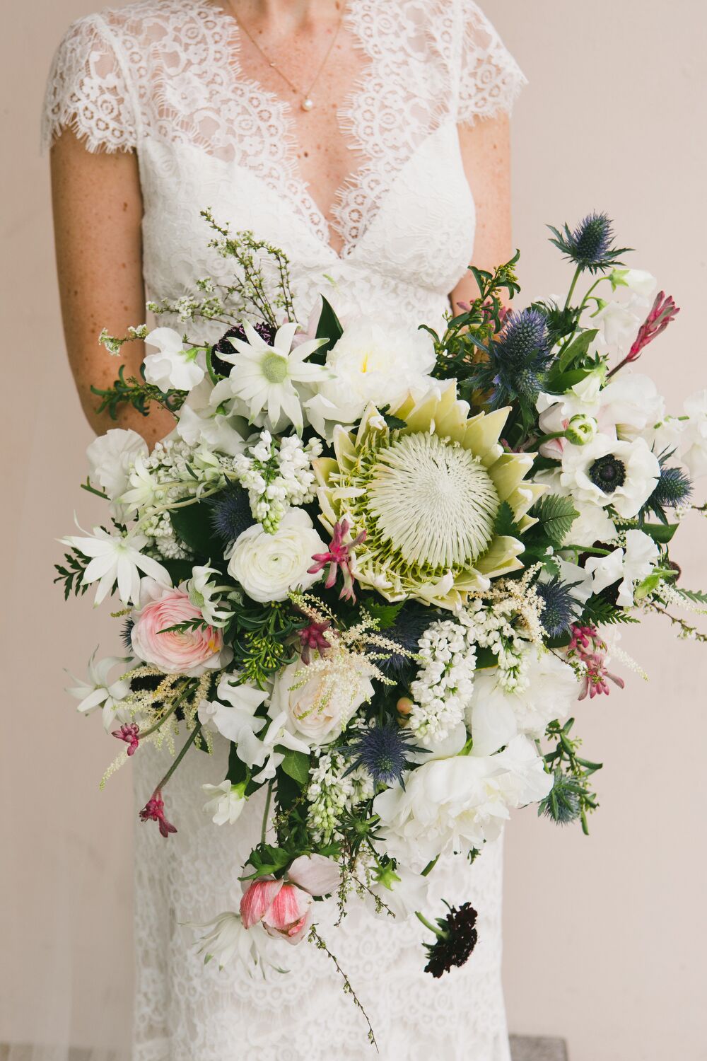 Cascading King Protea Rose And Thistle Bouquet