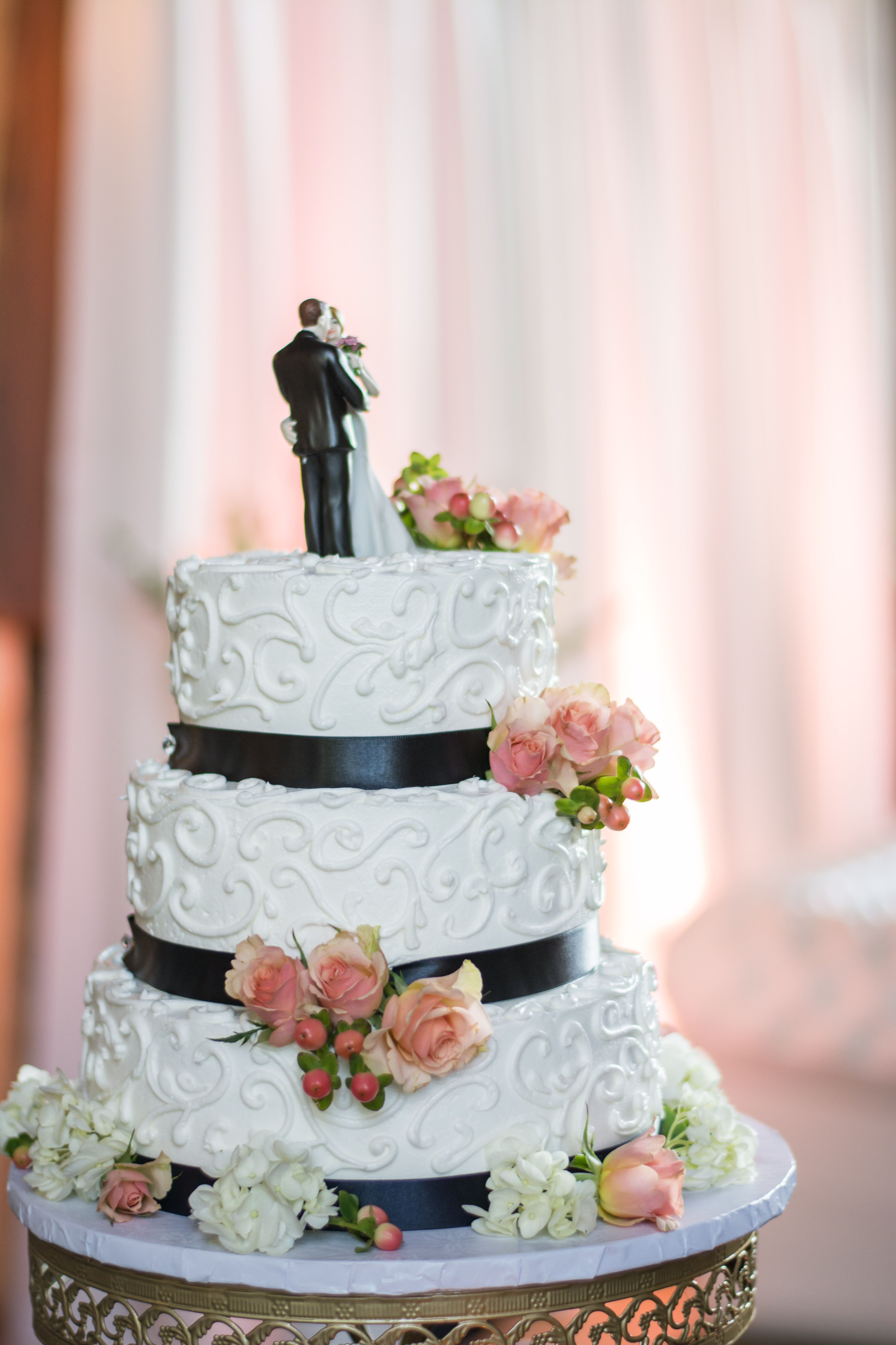 Classic Piped Wedding Cake with Coral Roses