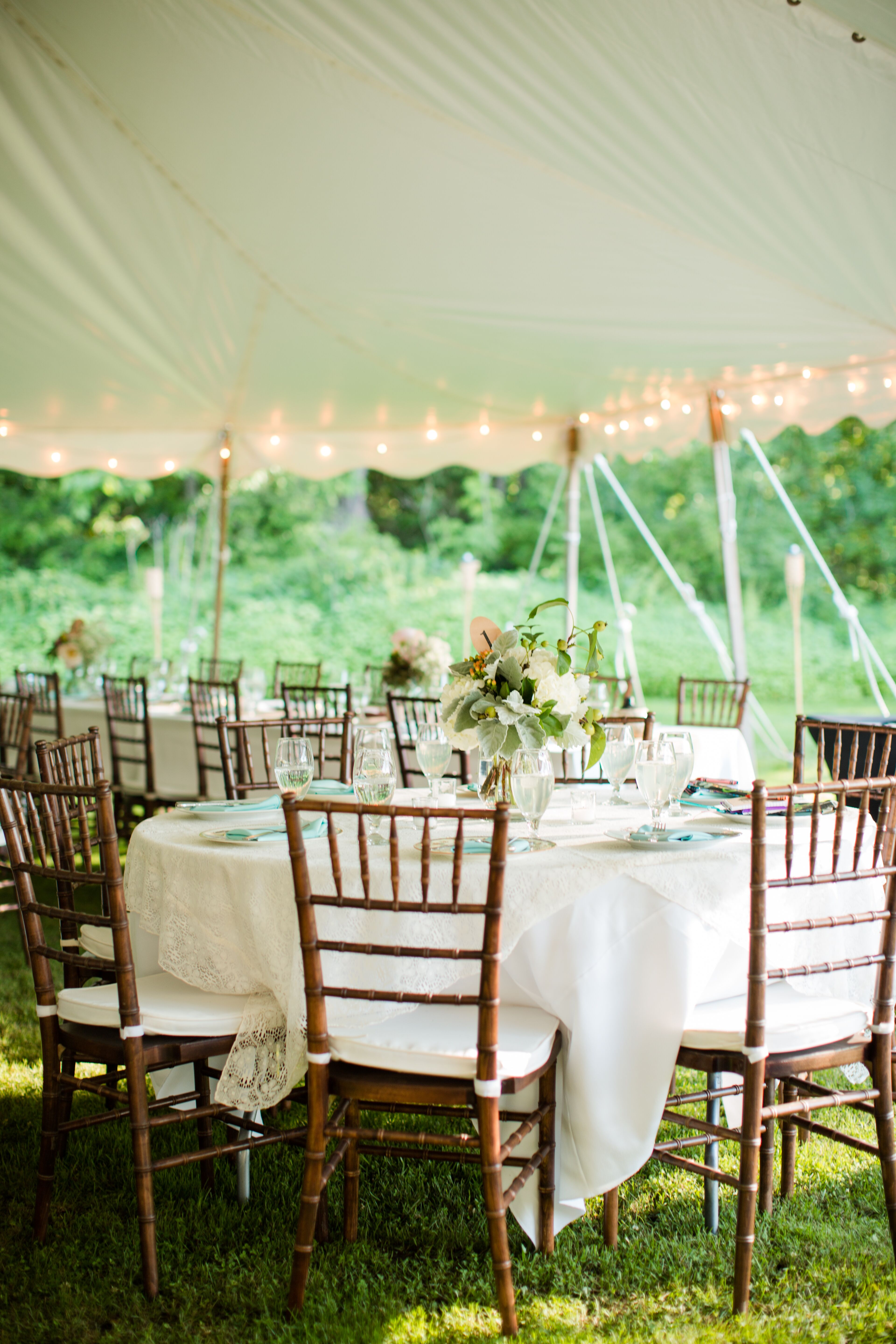 White Tented Reception Tables and Chairs