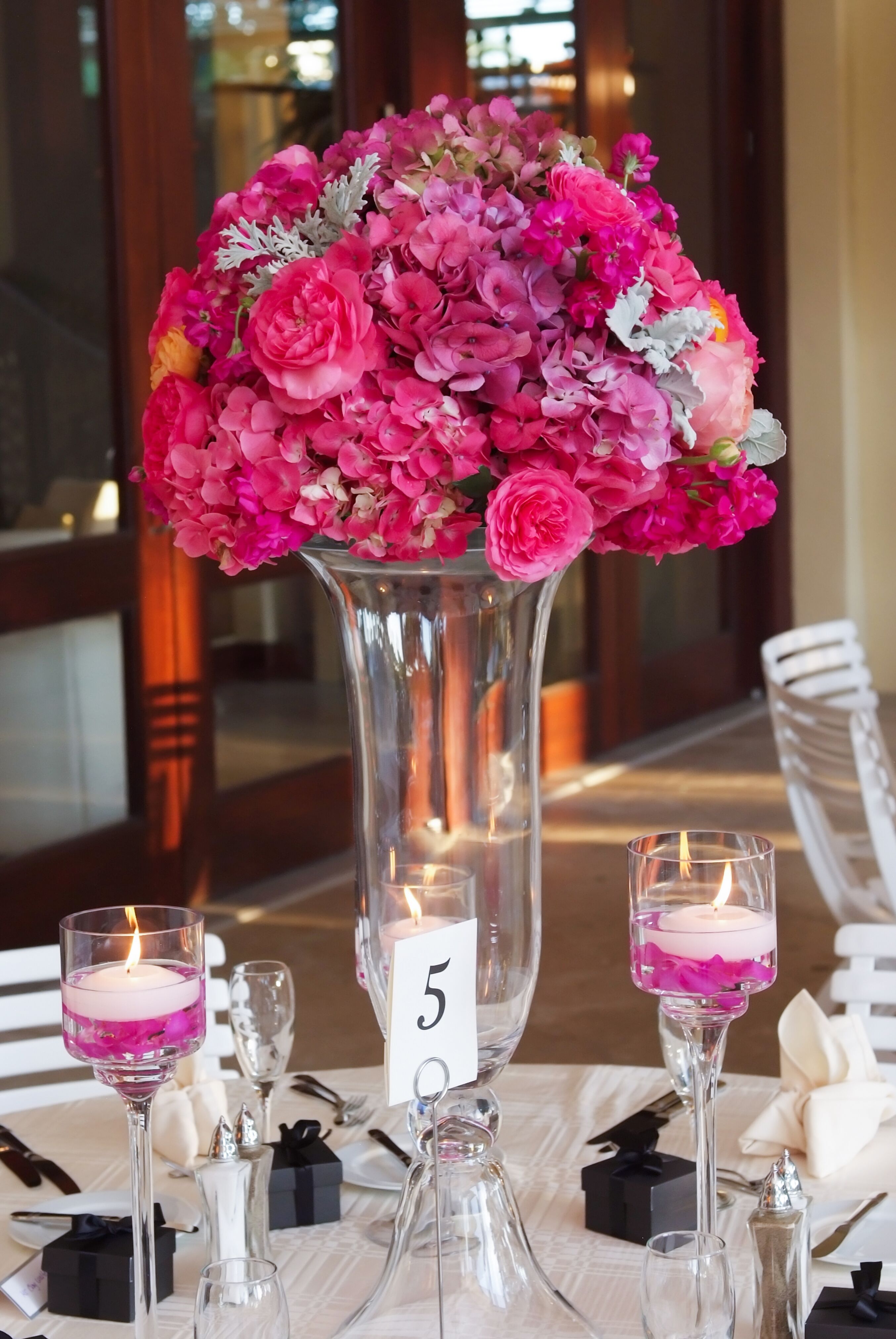 Bright Pink Rose and Hydrangea Centerpieces