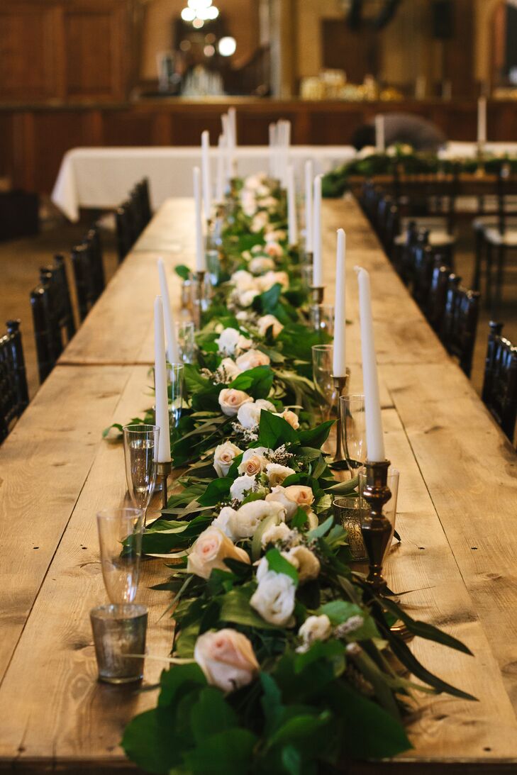 Wooden Farm Table With Garland Centerpiece