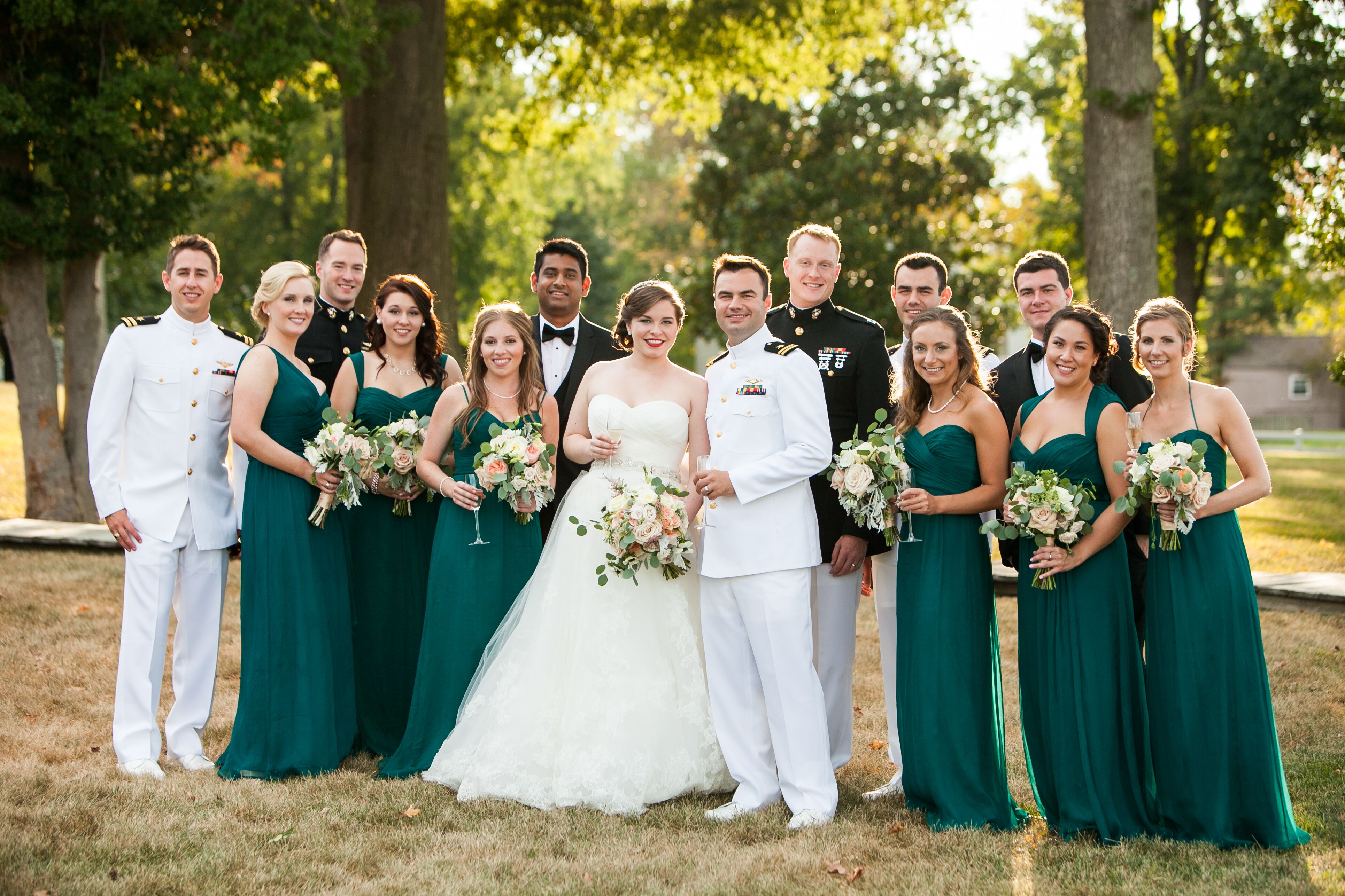 groomsmen-in-uniforms-bridesmaids-in-mallard-green