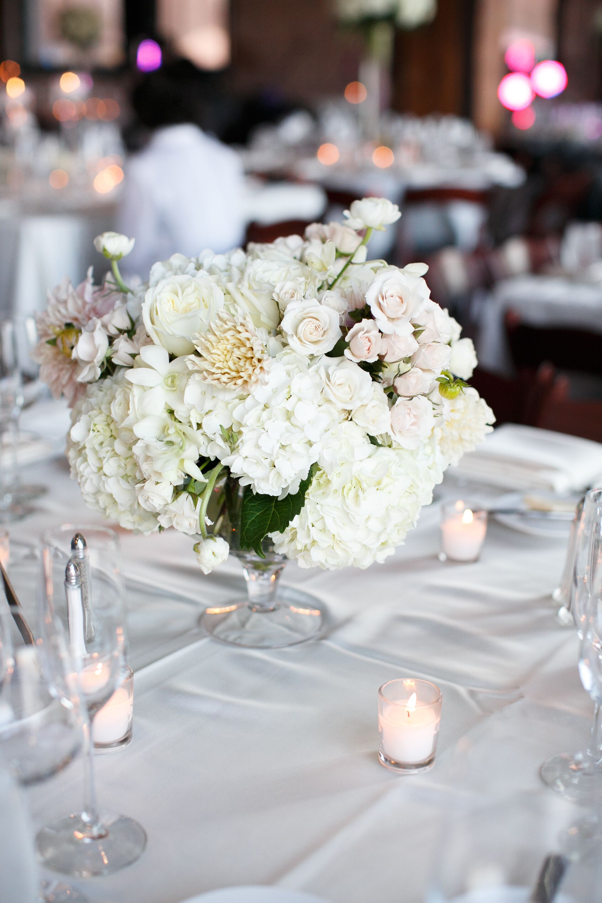 Simple, Classic White Hydrangea, Rose Centerpieces