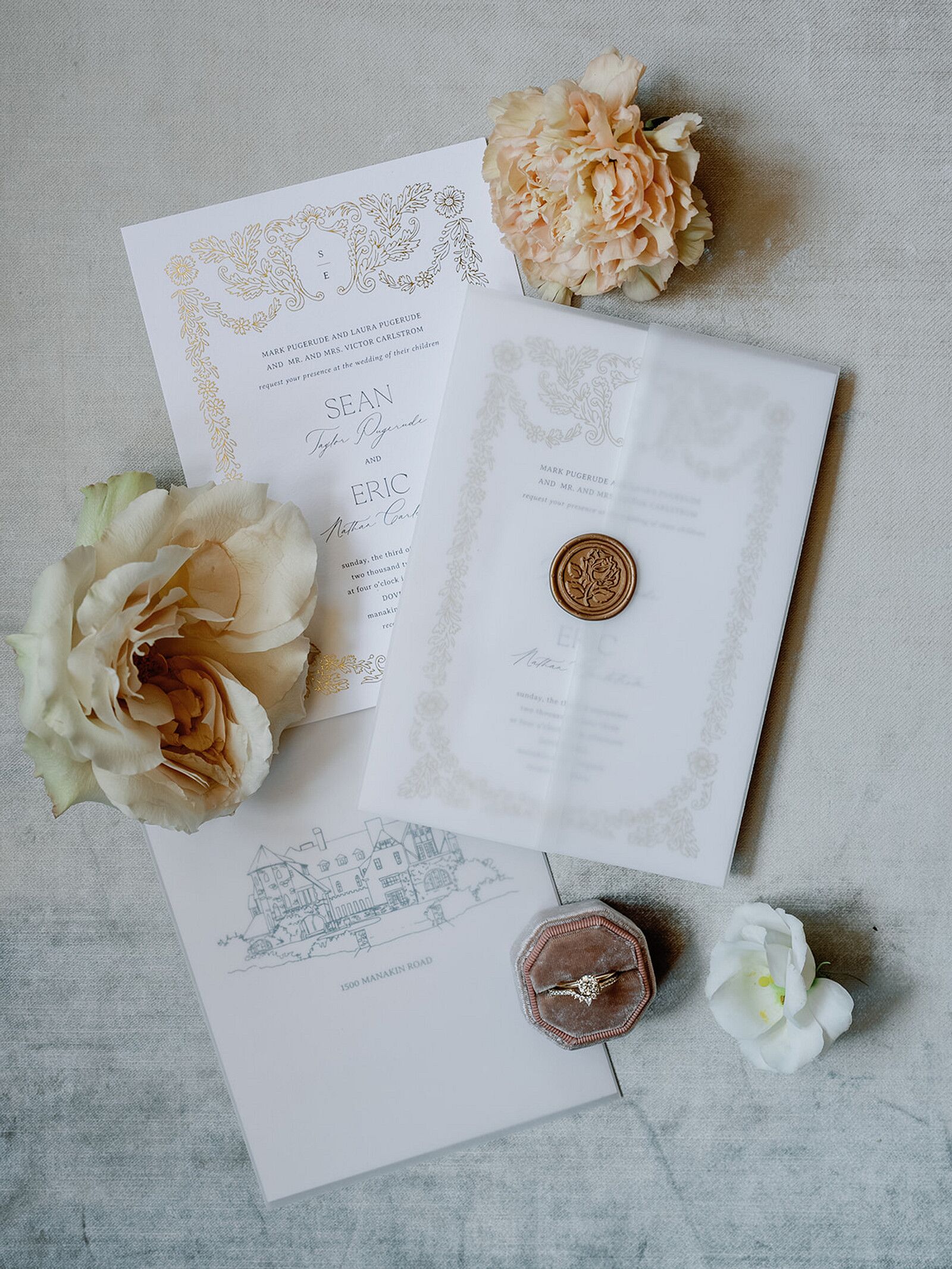 Regency-Era-Inspired Invitation Suite With Wax Seals, Gold Details, Venue