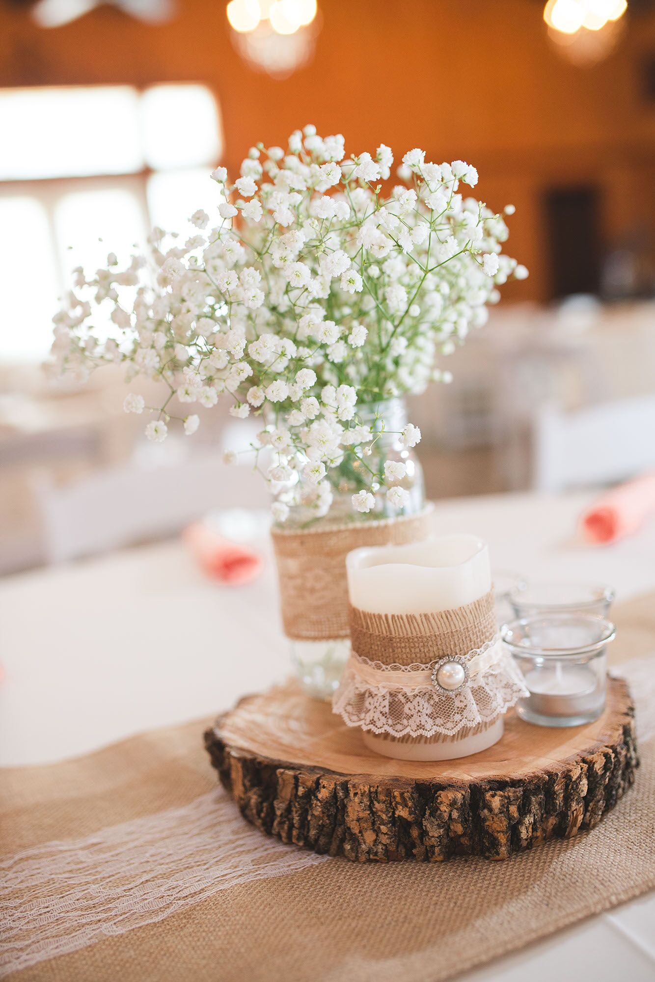  Wooden Slab Centerpiece With Burlap and Lace