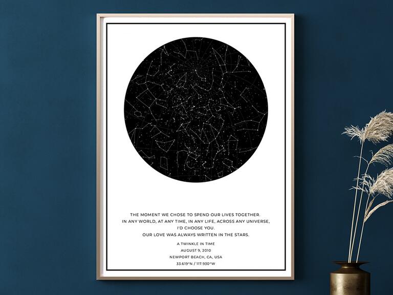 Emoldurado mapa do céu noturno com mensagem pessoal, coordenadas e data