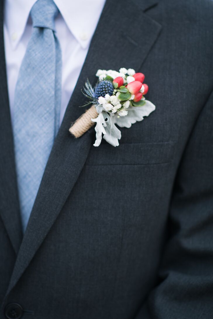 Dusty Blue Groom s Tie with Thistle and Berry Boutonniere