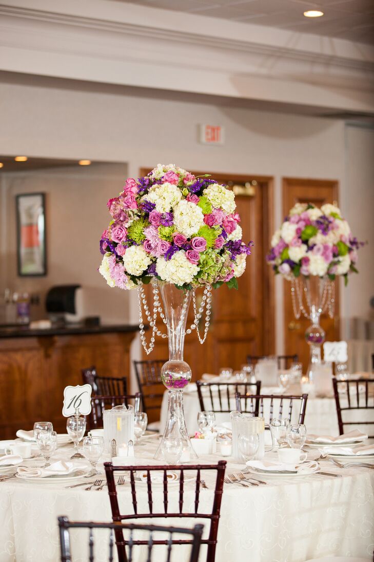 Tall Purple And Ivory Rose Iris And Hydrangea Centerpieces With