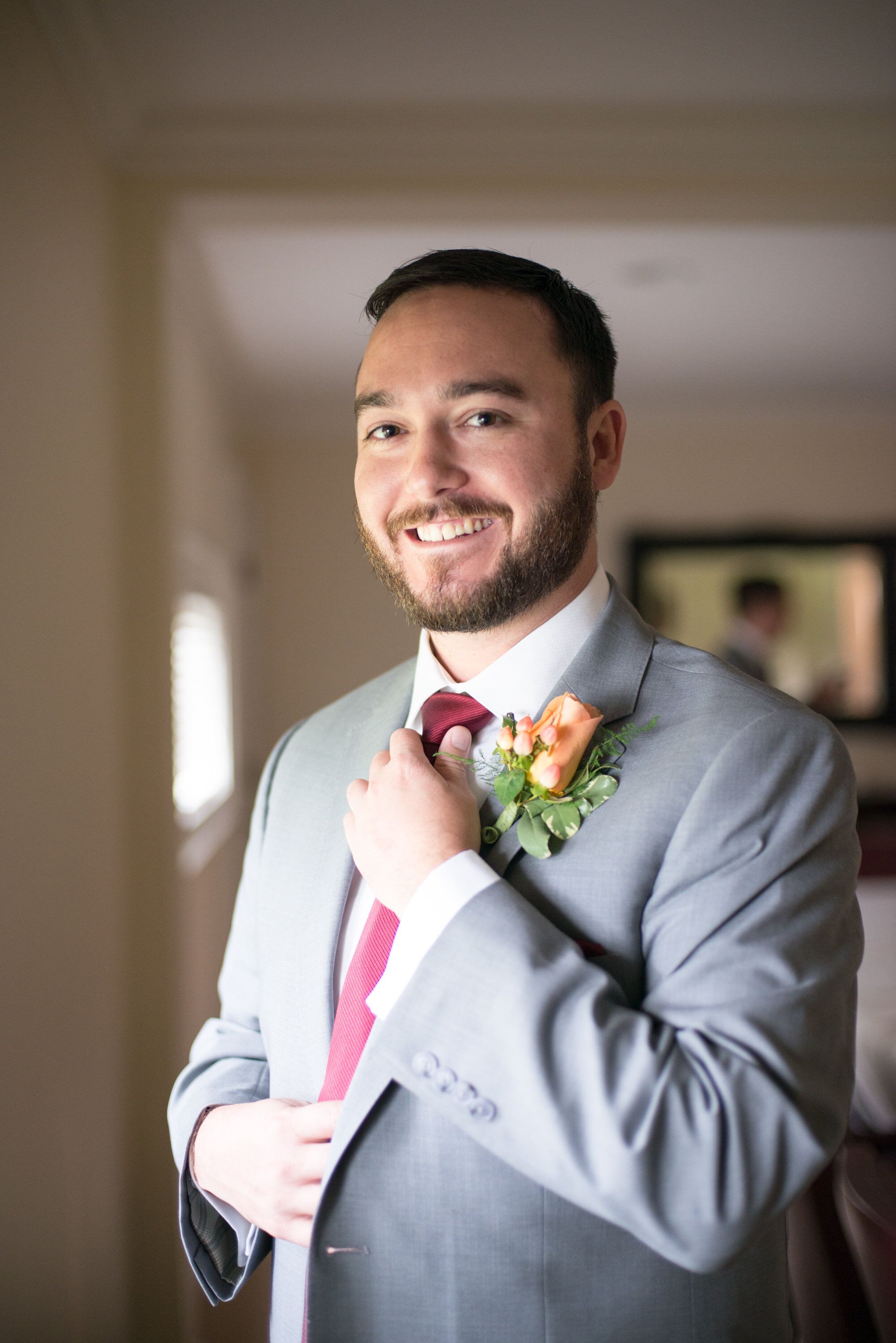 Gray Wedding Suit and Burgundy Tie