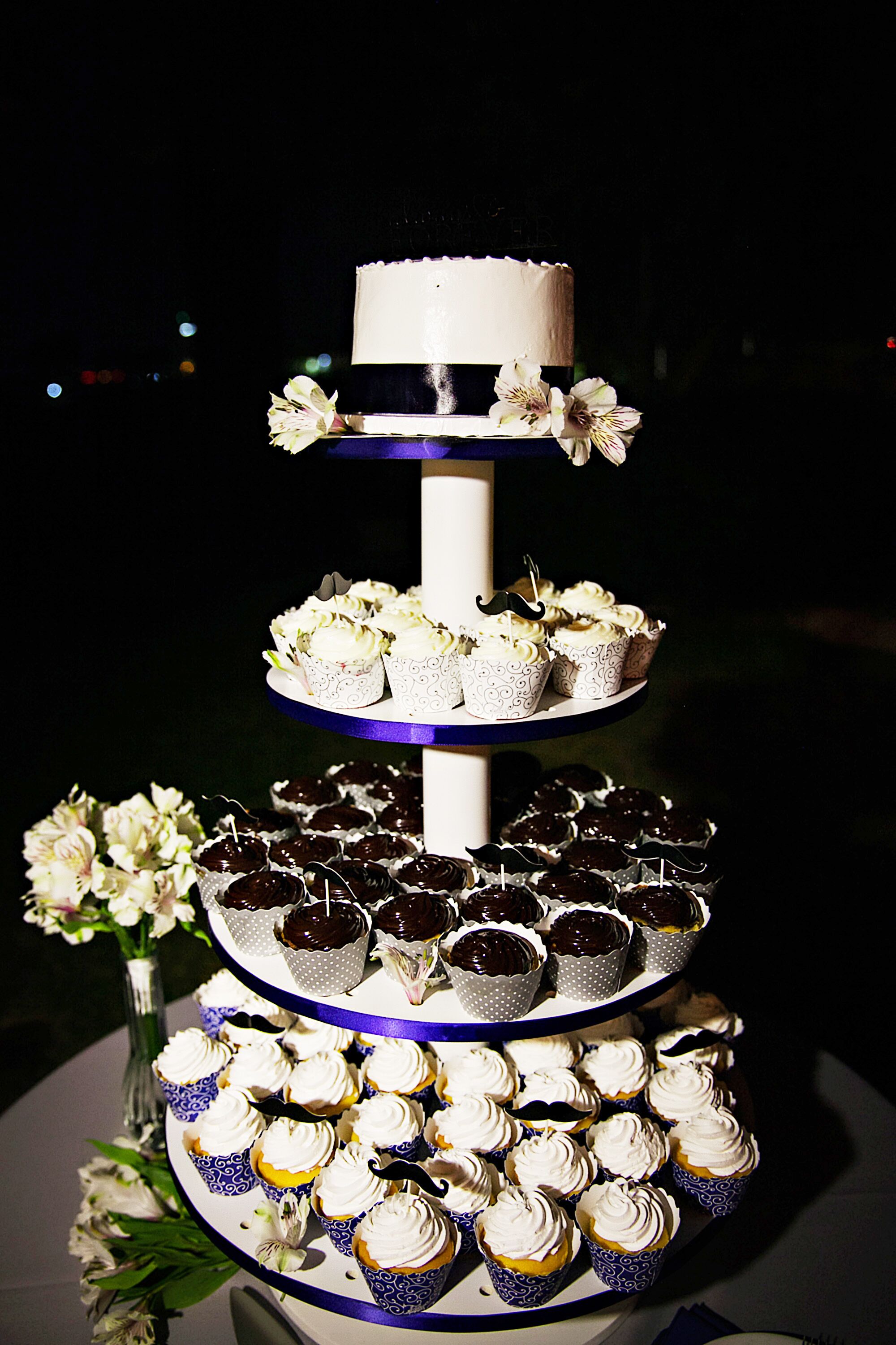 White Wedding Cake and Cupcake Tower