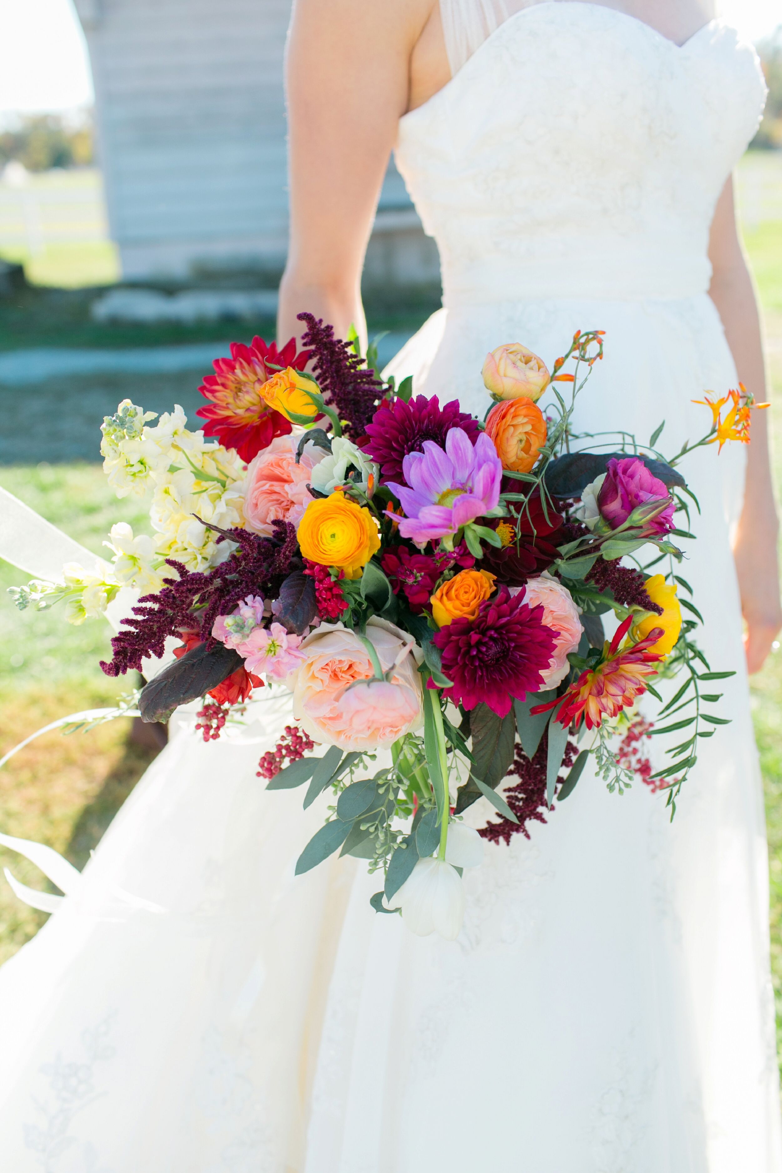 Bright Fall Bouquet with Ranunculus Dahlias and Peonies