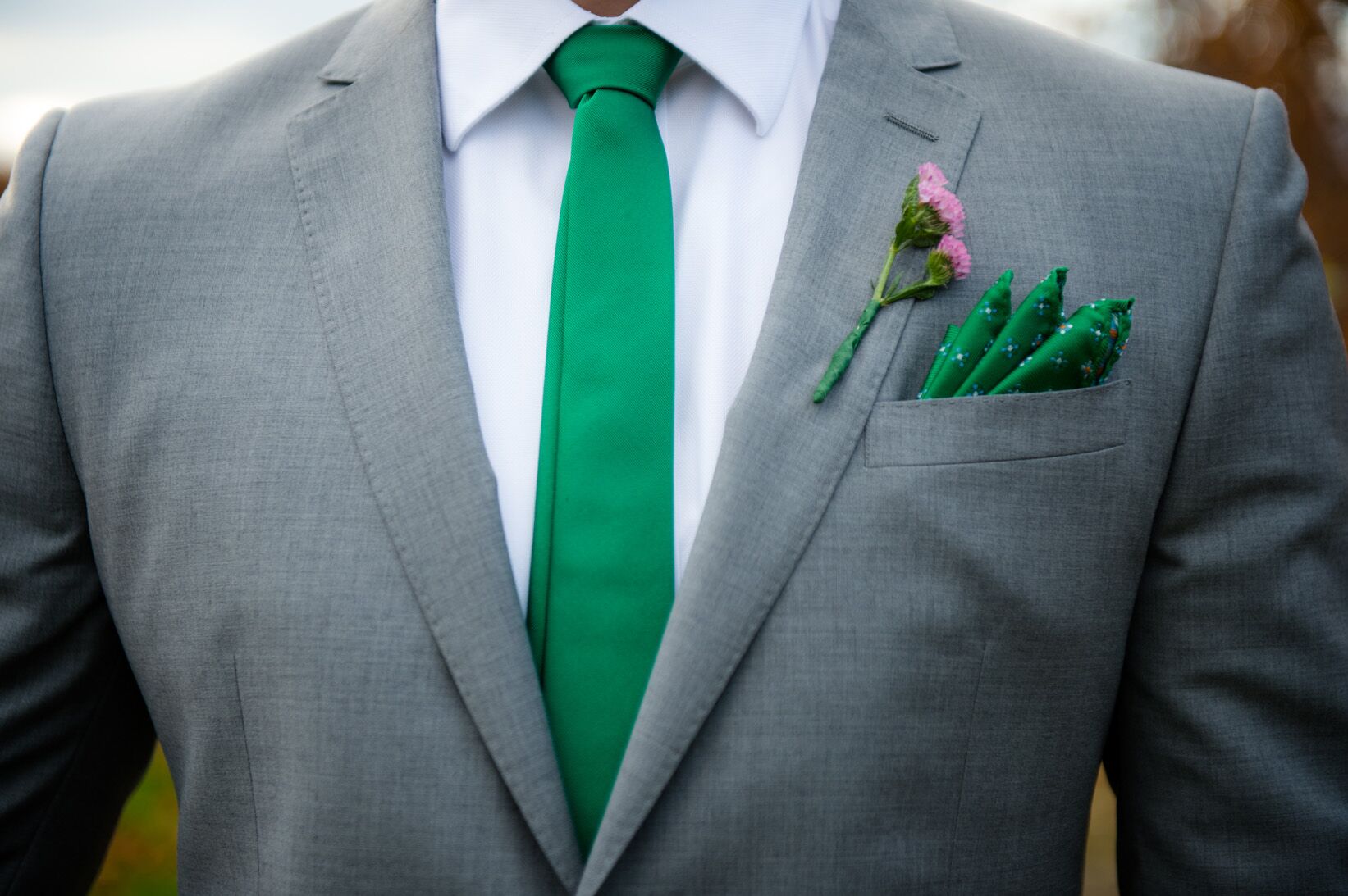 Gray Suit with Green Tie and Pocket Square