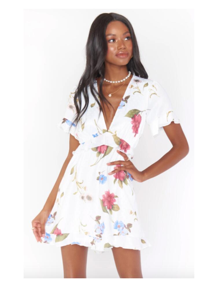 White and pink floral ruffled mini dress
