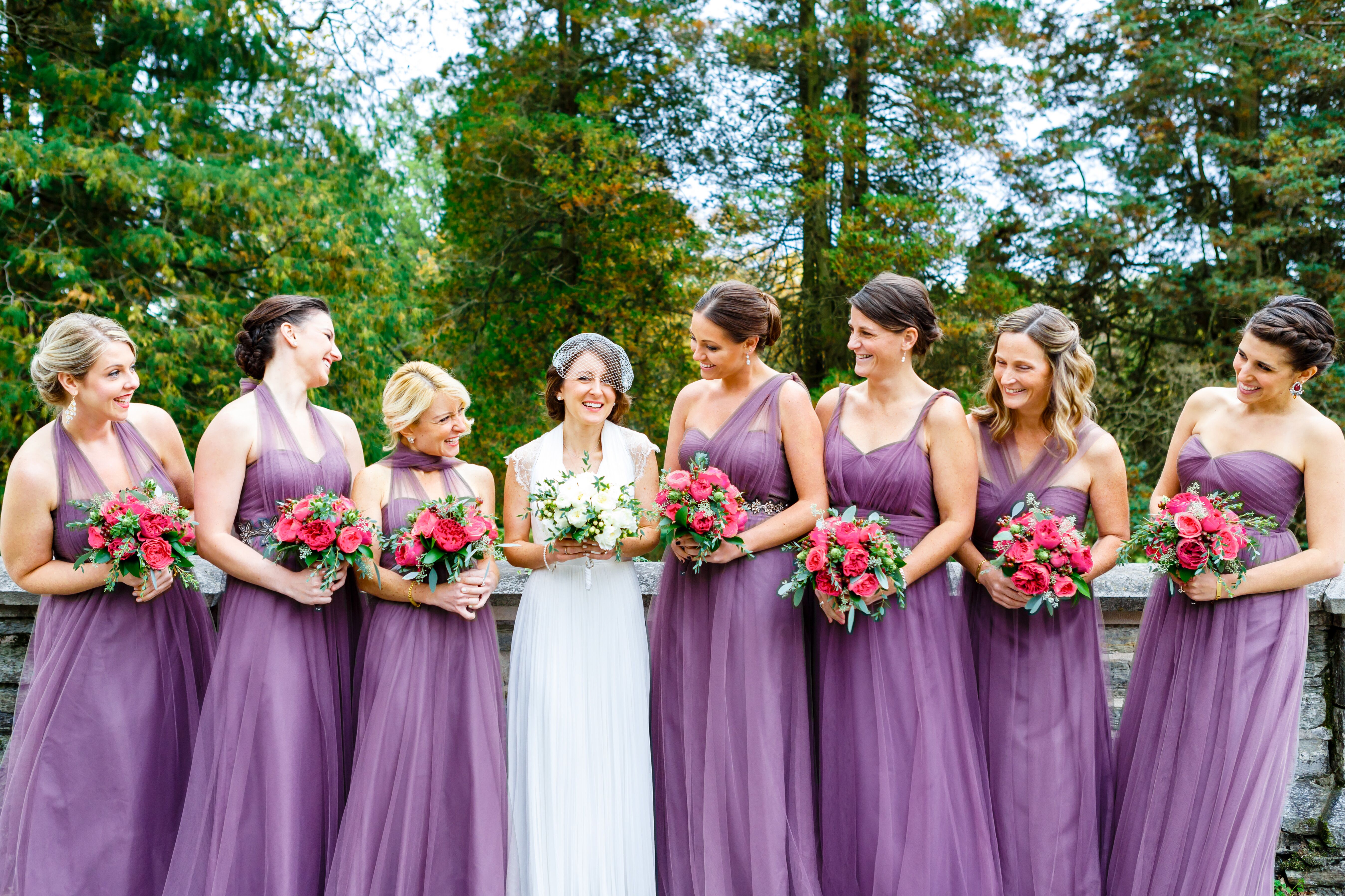 Purple Bridesmaid Dresses and Pink Bouquets