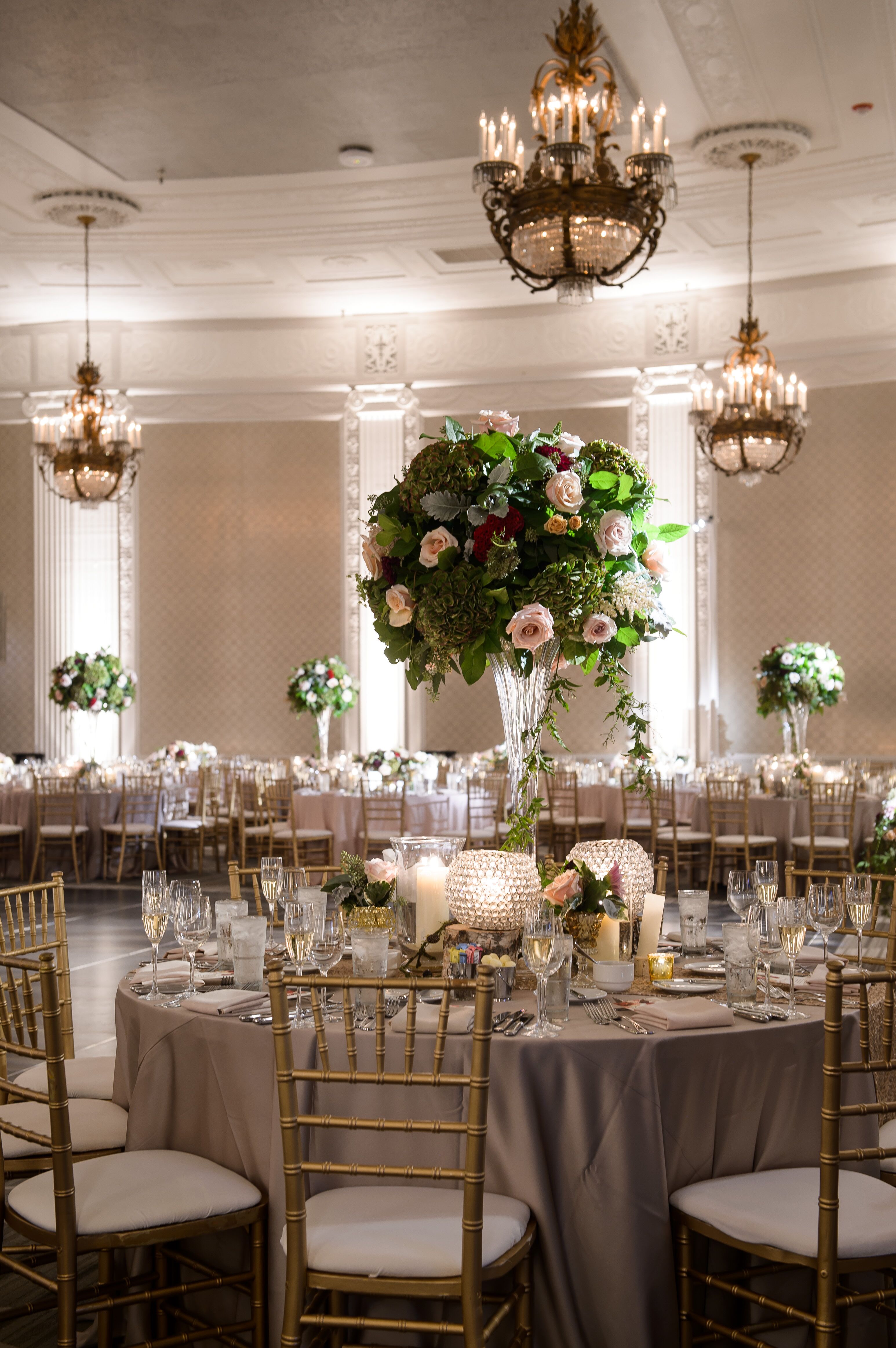 Tall Rose Centerpieces and Textured Glass Orbs