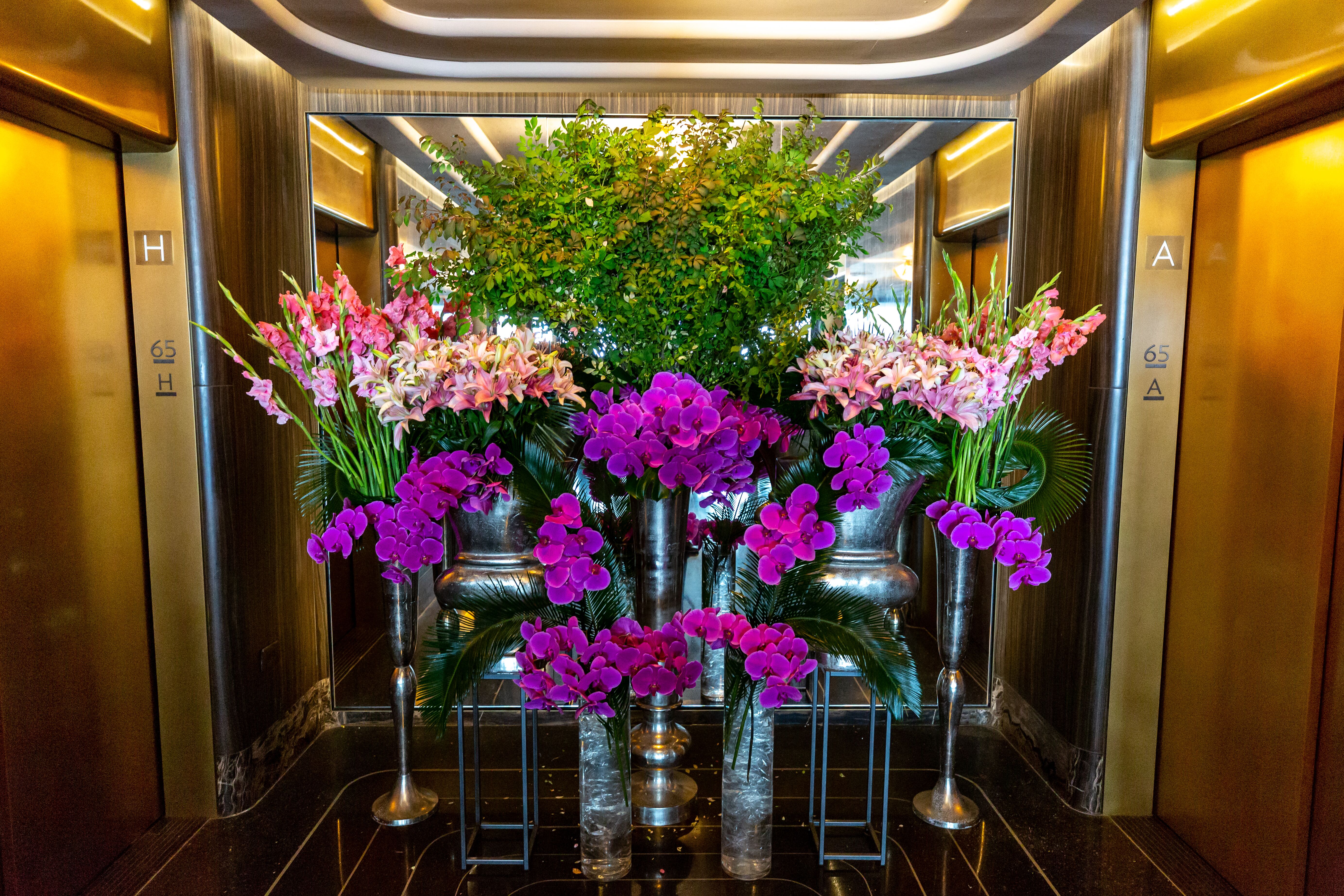Purple Orchid And Pink Gladiolus Entryway Arrangements