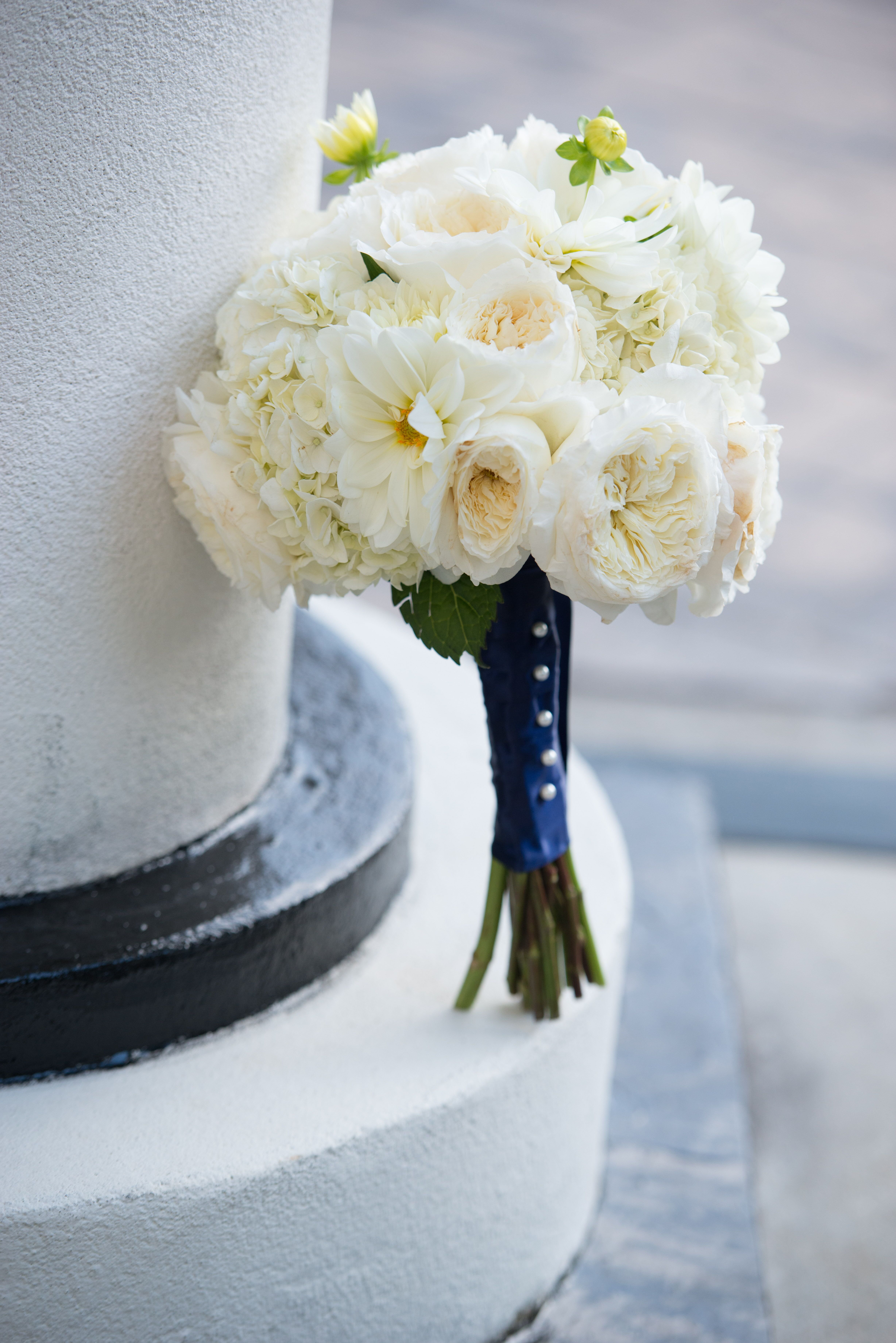 White Bridal Bouquet With Navy Wrap