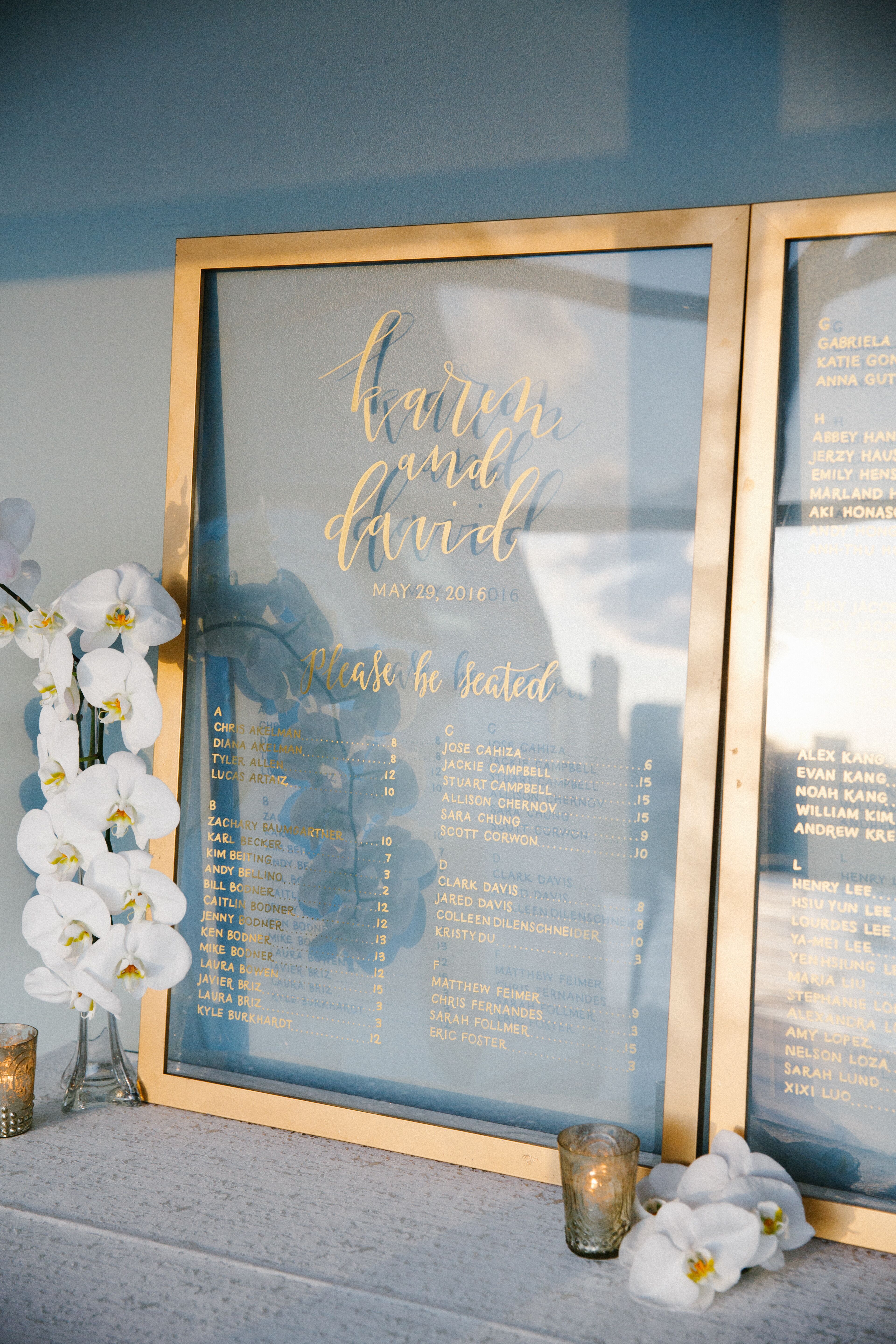 Elegant Hand-Lettered Glass Seating Chart