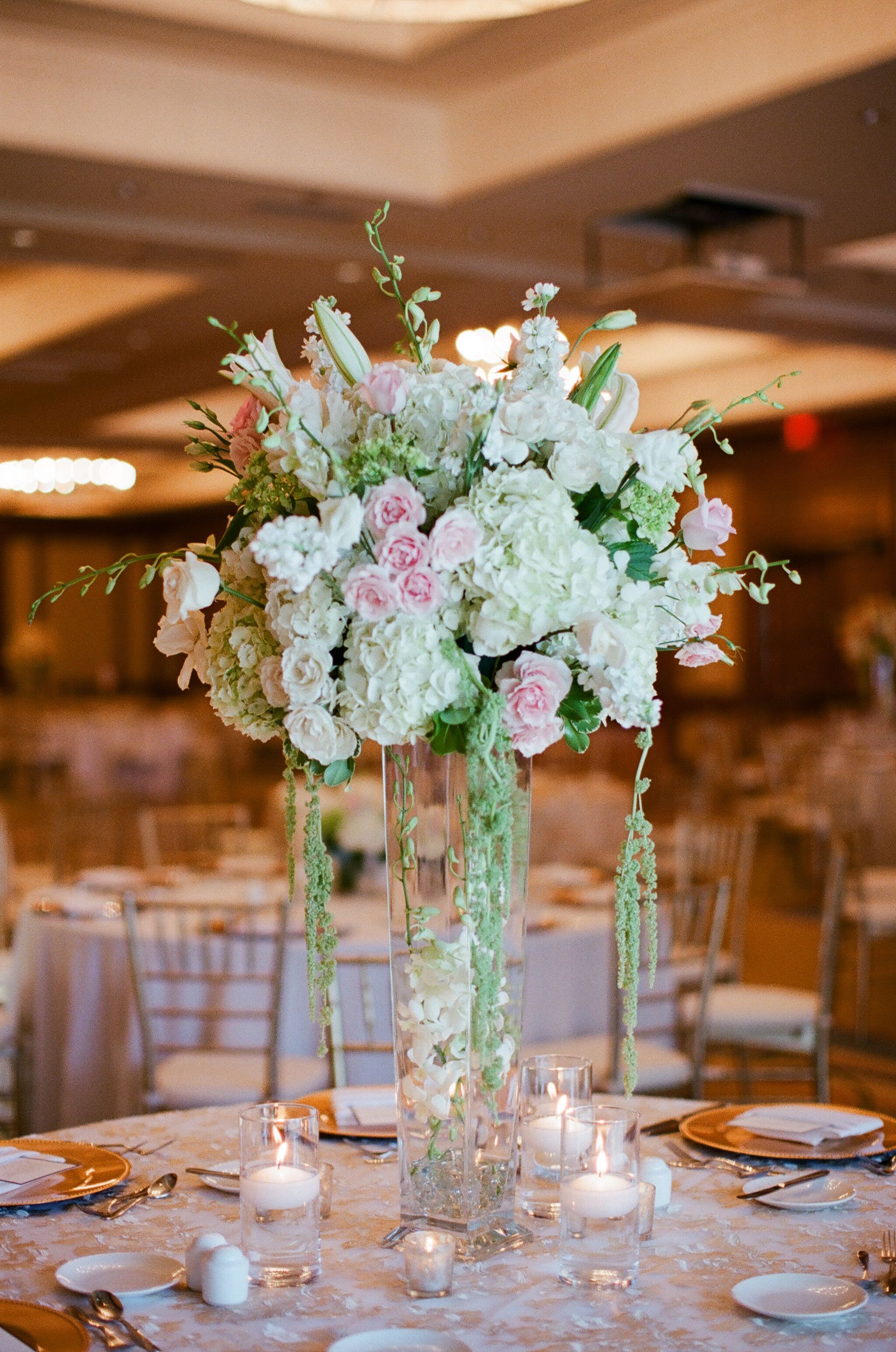 Ivory, Green and Blush Tall Wedding Reception Centerpieces