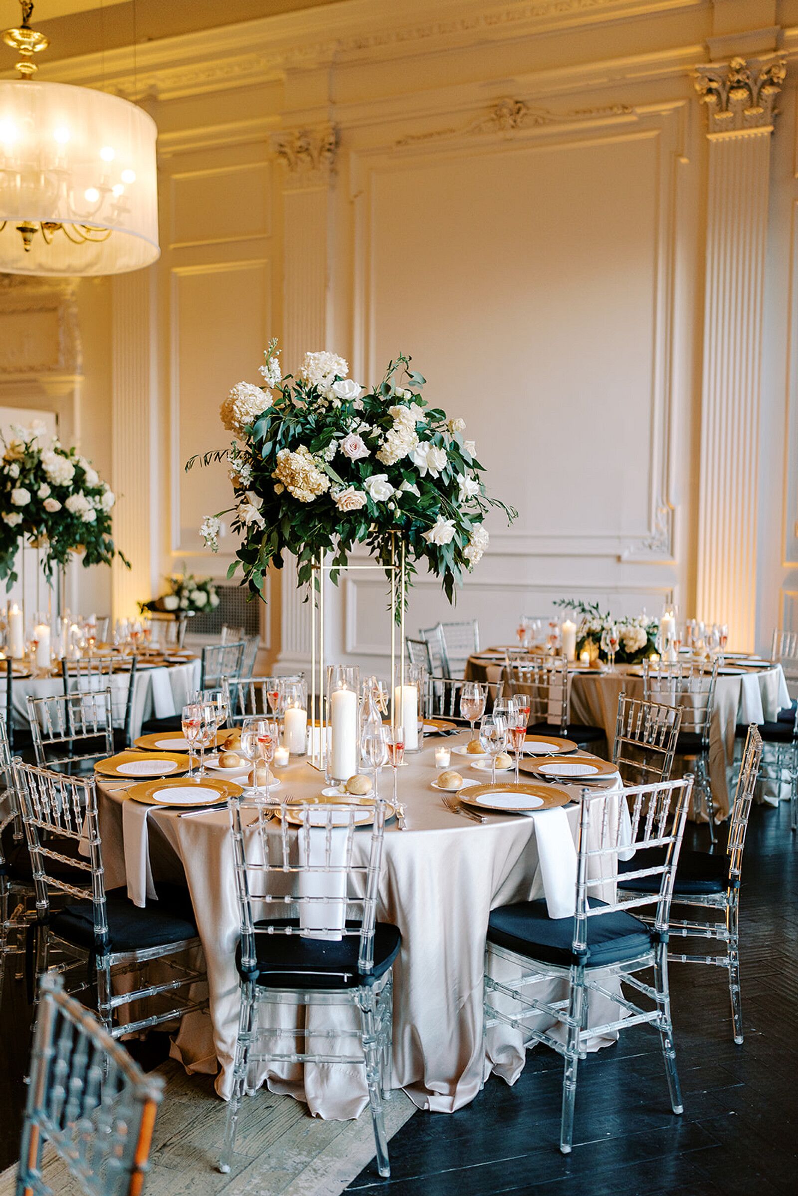 Classic Elegant Reception Table, Gray Linen, Ghost Chairs, Candles and ...