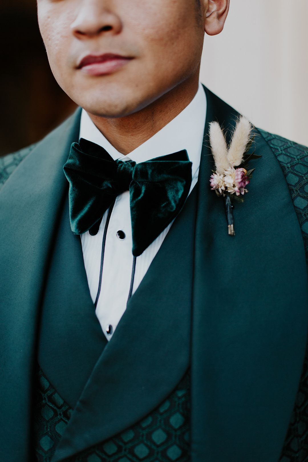 Groom With Forest Green Diamond-Patterned Tux