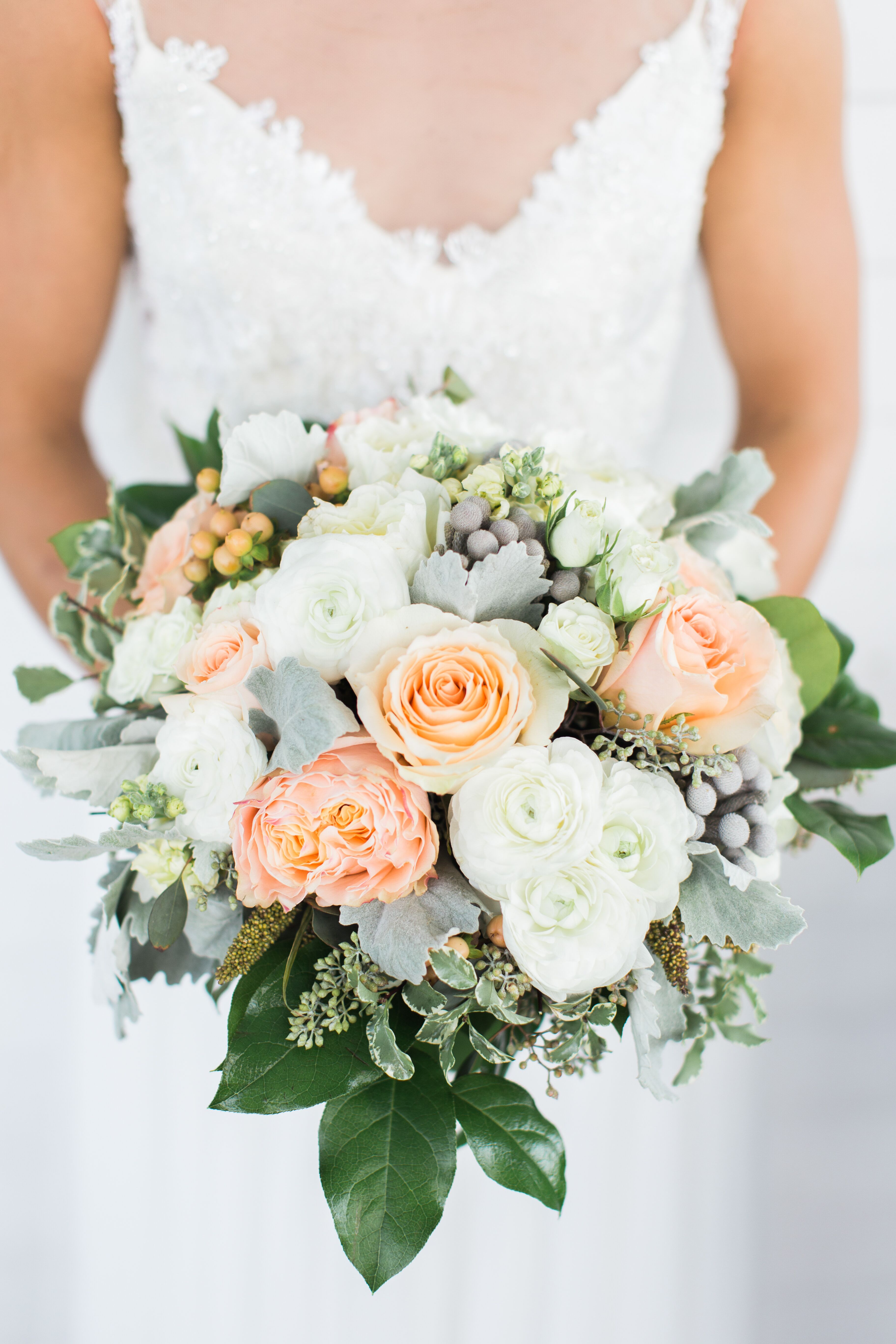 Peach Ivory And Silver Bridal Bouquet 8978