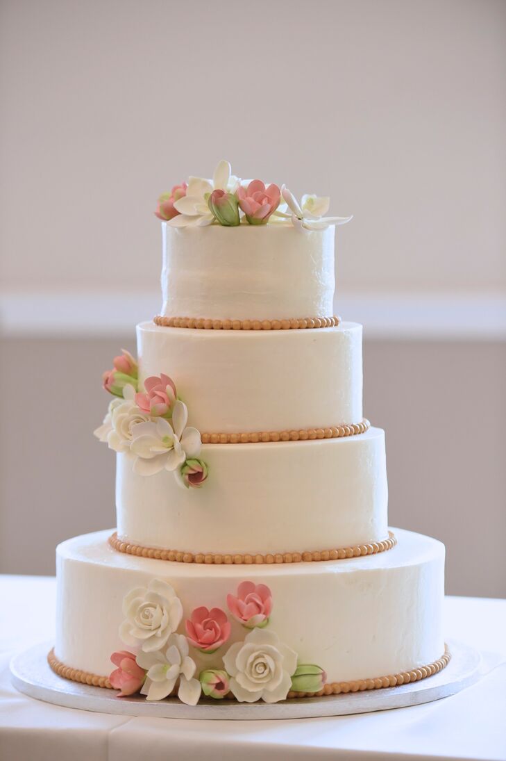 Smooth White Wedding Cake With Sugar Flowers