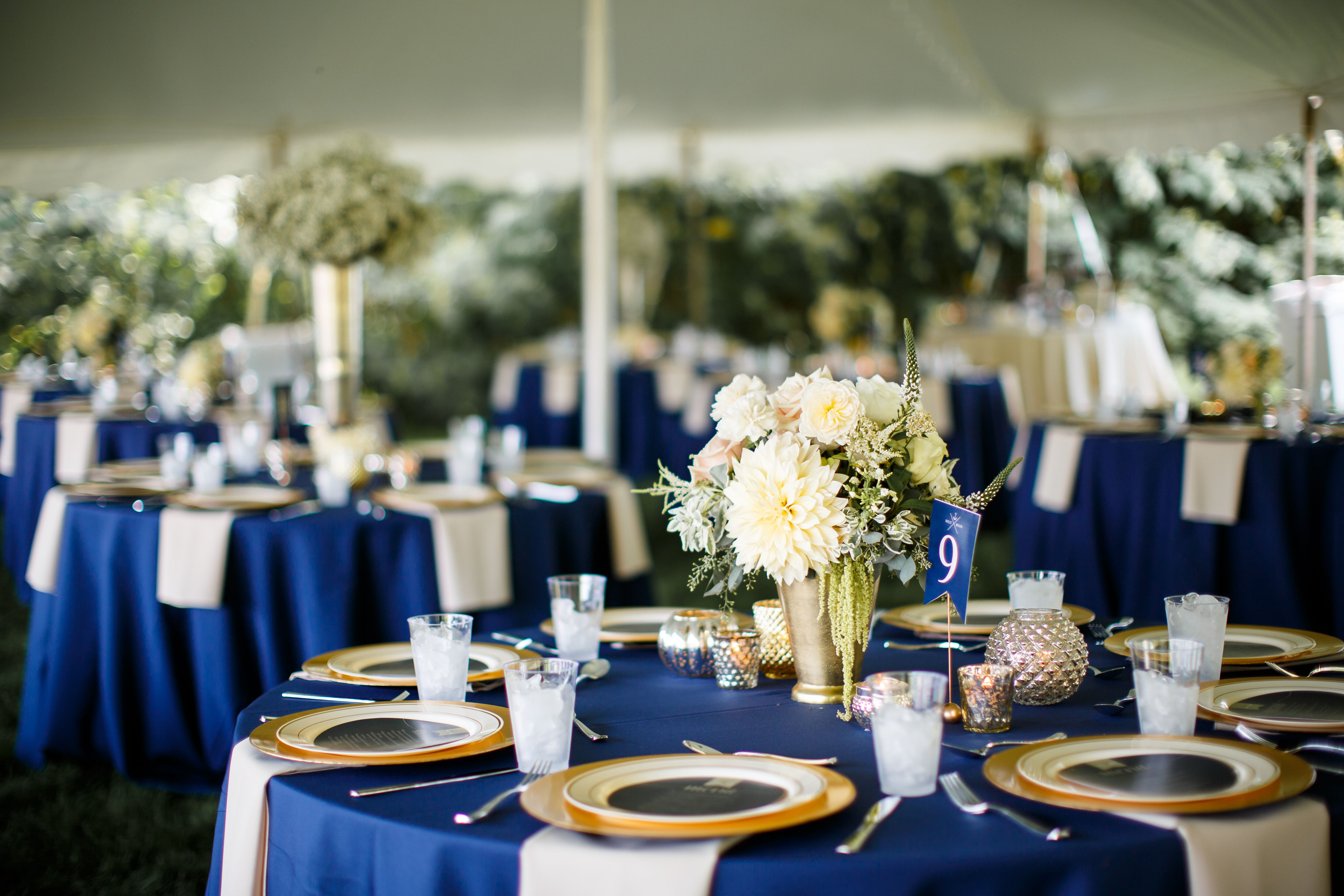 Tented Reception Decorated With Navy and Gold