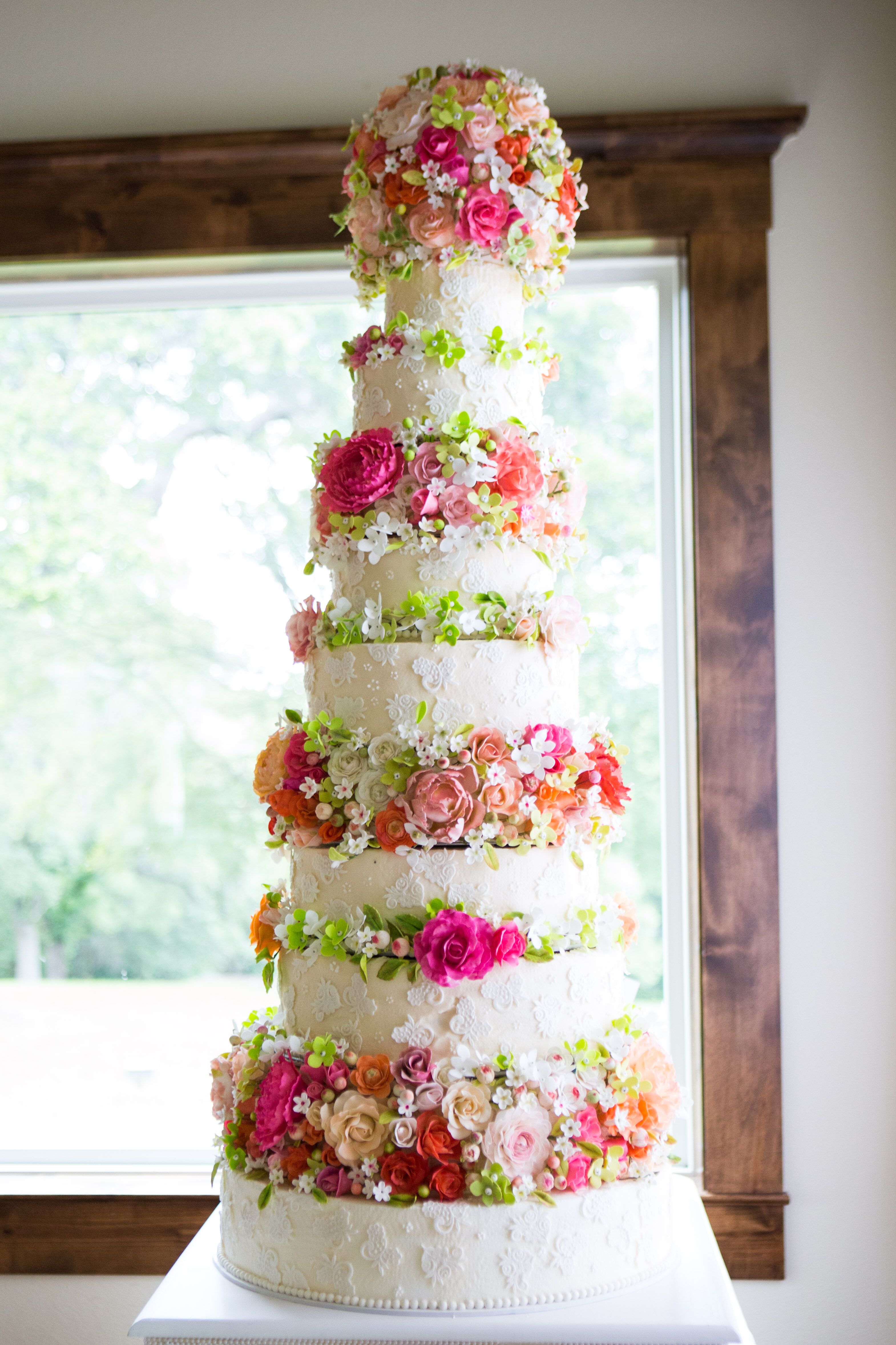 Wedding Cake with Bright Sugar Flowers