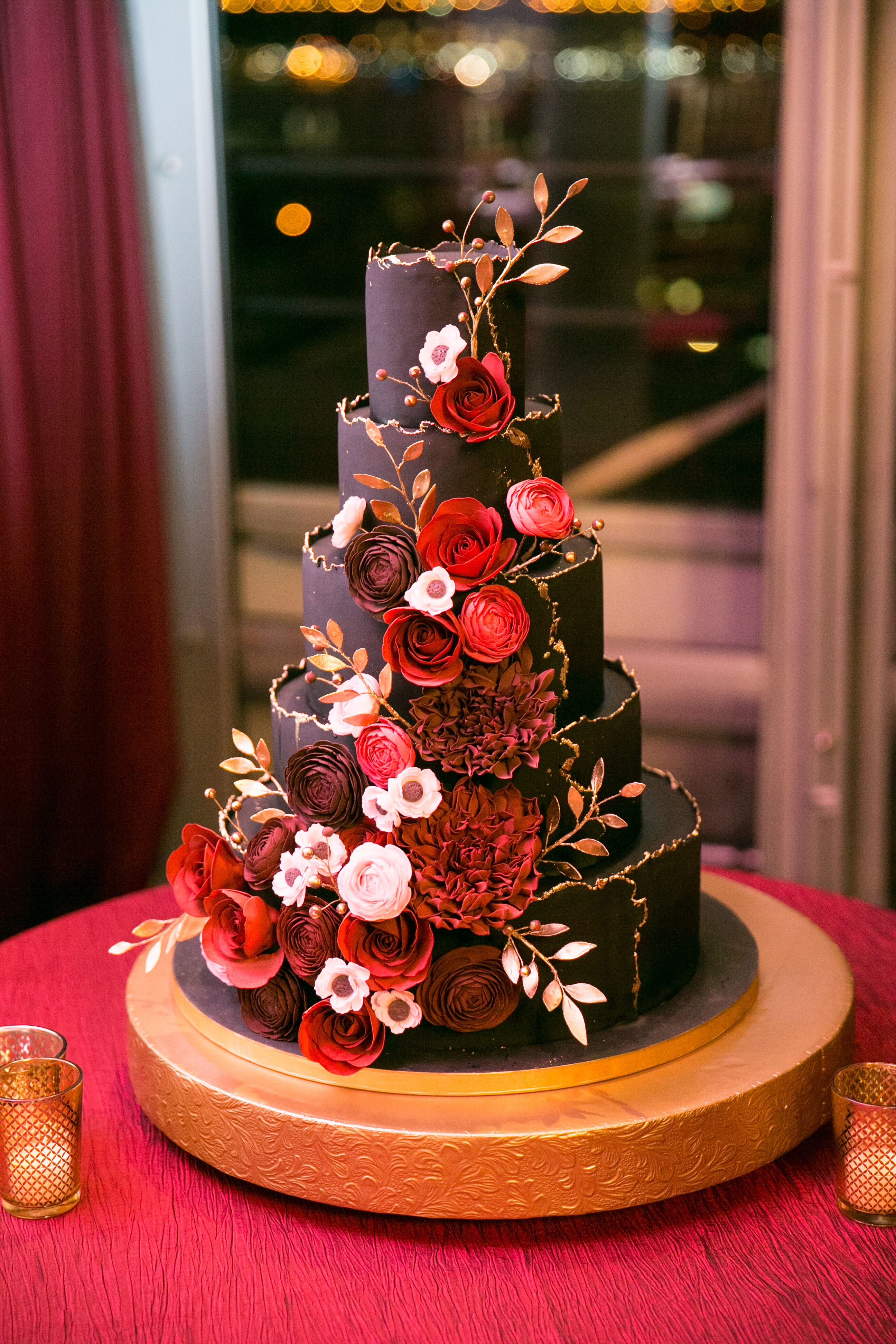 Burgundy and Gold Fondant Cake with Sugar Flowers