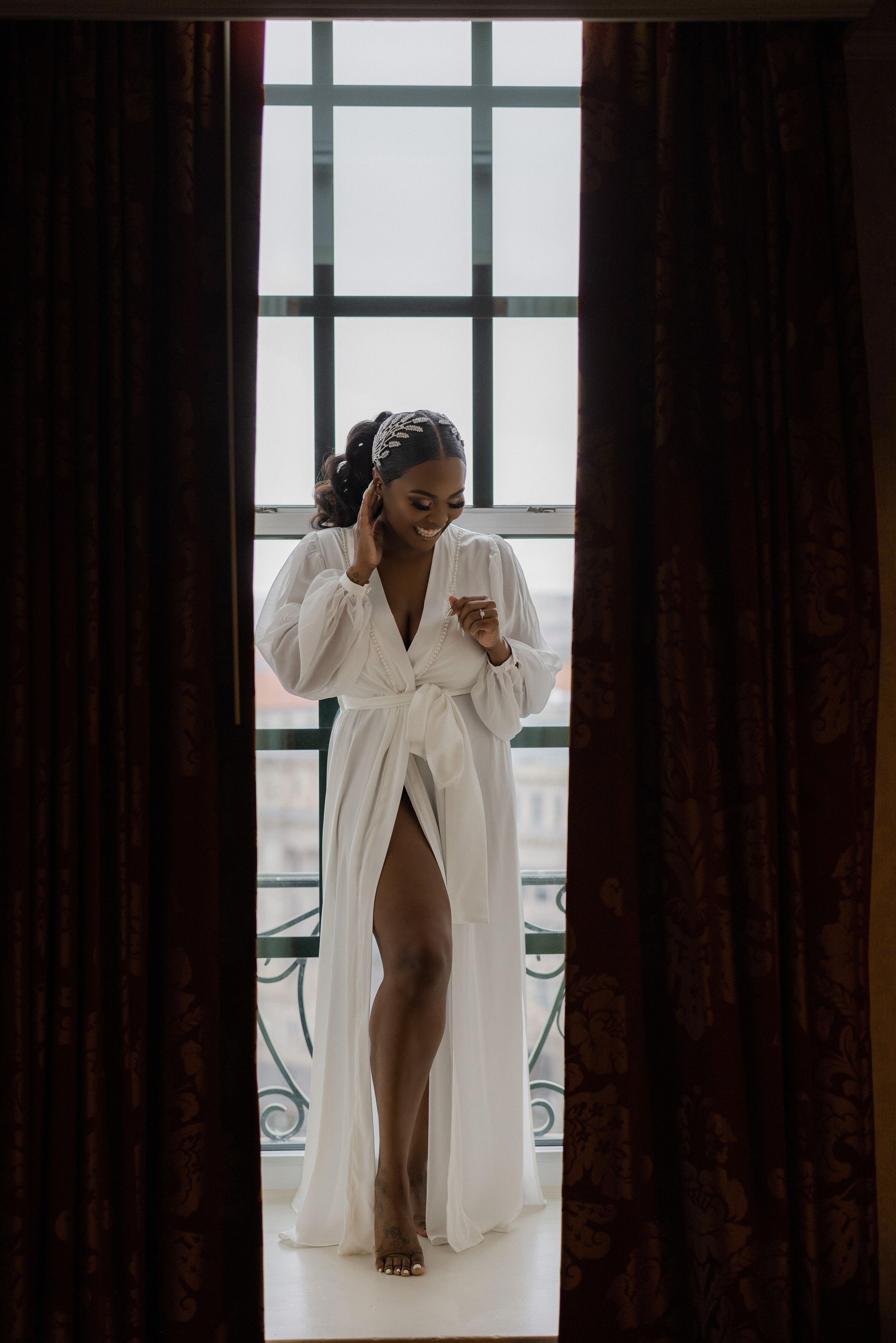 Bride With Jeweled Hair Accessory in Getting Ready Robe