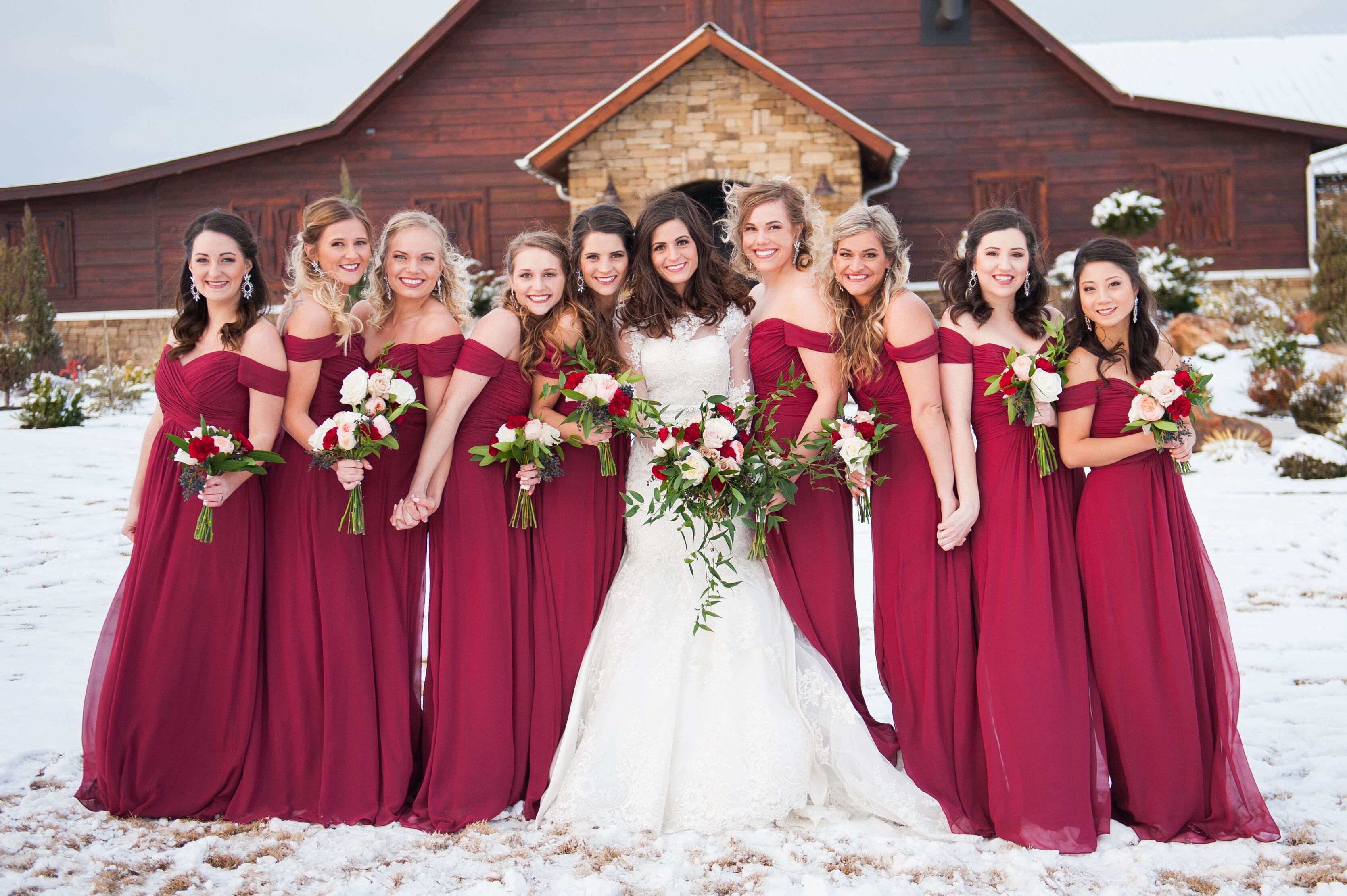 Off-the-Shoulder Bordeaux Bridesmaid Dress